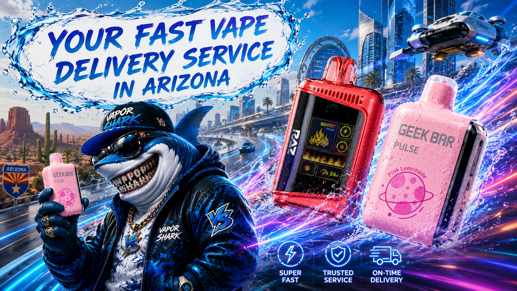 A striking promotional banner features Geek Bar Pulse disposable vapes racing through a futuristic Arizona city, surrounded by vivid water splashes and colorful energy trails. A fashionable shark mascot wearing Vapor Shark clothing holds a Geek Bar device, while Arizona's desert landscape, iconic cacti, and a modern skyline create a unique blend of natural scenery and futuristic architecture. Bold text promotes fast vape delivery in Arizona, highlighting trusted service, on-time shipping, and a convenient online vape shopping experience.