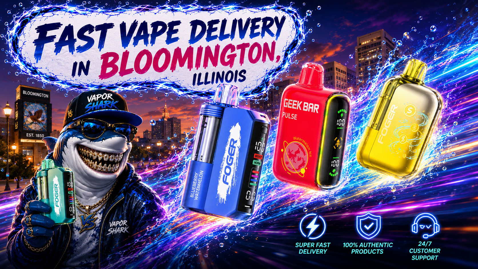 Blue Foger Blueberry Watermelon, red Geek Bar Pulse Watermelon Ice, and yellow Foger vape devices with Bloomington city backdrop