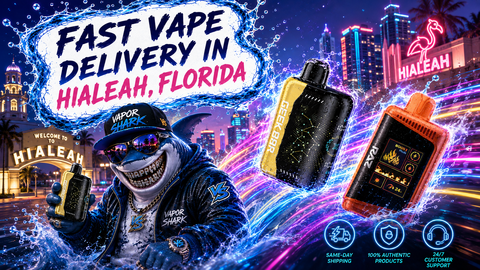 GEEK BAR vape devices in yellow, pink, and blue highlighted with neon splash effects against Hialeah city backdrop.