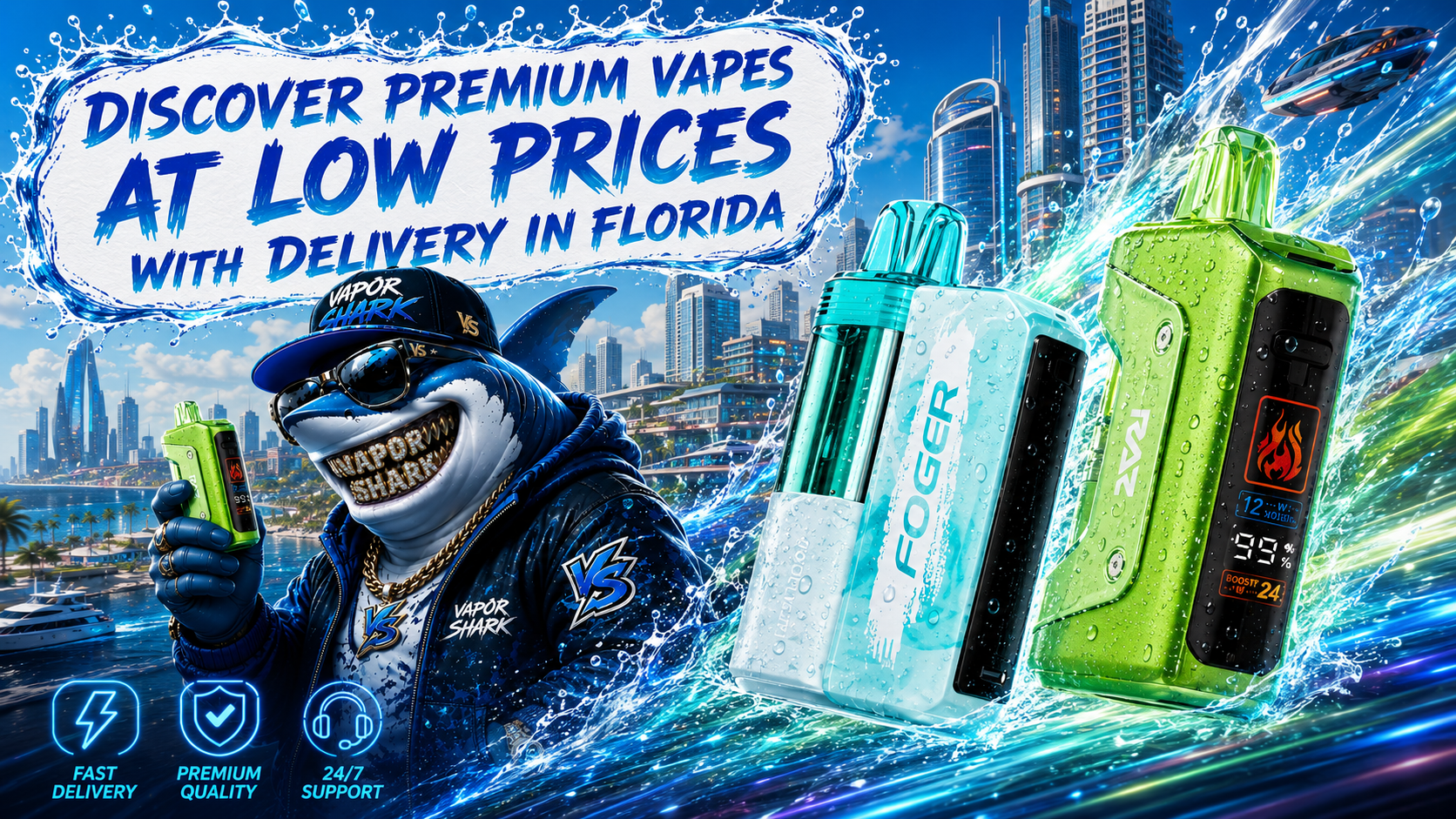 A vibrant promotional banner features a stylish shark mascot alongside premium disposable vapes racing through a futuristic Florida skyline surrounded by dramatic water splashes and glowing energy trails. Bold lettering promotes premium vapes at low prices with delivery in Florida, while the colorful composition emphasizes fast delivery, premium quality, and 24/7 customer support. The detailed artwork showcases modern vape devices, dynamic visual effects, and a bright coastal city backdrop, creating an eye-catching advertisement for an online vape shop.
