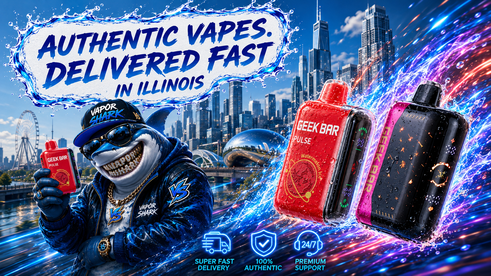 A bold promotional banner showcases Geek Bar Pulse disposable vapes with dramatic water splashes and vibrant energy trails, set against the iconic Chicago skyline in Illinois. A stylish shark mascot wearing Vapor Shark apparel proudly holds a red Geek Bar Pulse device, reinforcing the theme of authentic products and premium customer service. The artwork emphasizes authentic vapes, fast delivery in Illinois, and highlights reliable shipping, genuine products, and dedicated customer support.