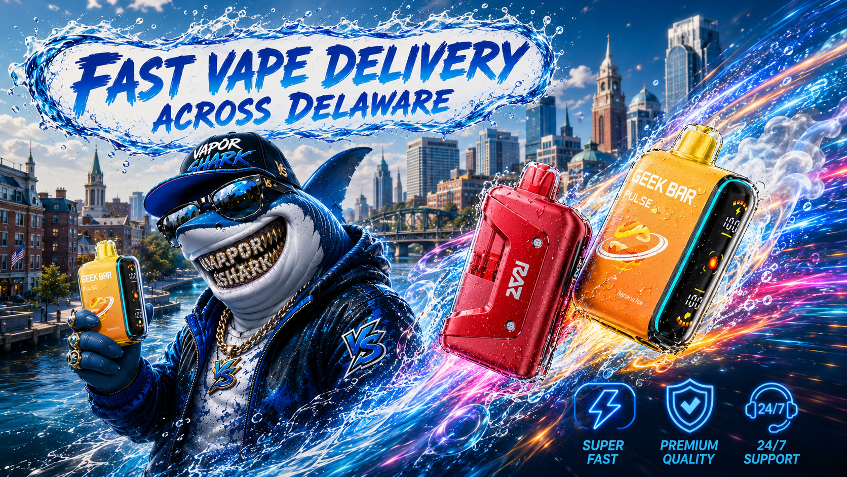 A vibrant promotional banner for fast vape delivery across Delaware features a stylish shark mascot holding a Geek Bar disposable vape while colorful Geek Bar and RAZ devices race through dramatic water splashes and glowing energy trails. A modern Delaware-inspired skyline, bold 