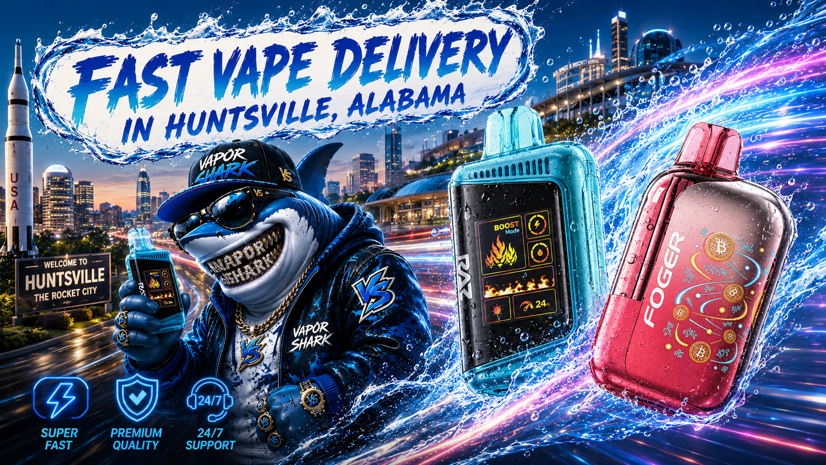Disposable vape devices with water splashes, a shark mascot, and the Huntsville skyline highlighting fast vape delivery.
