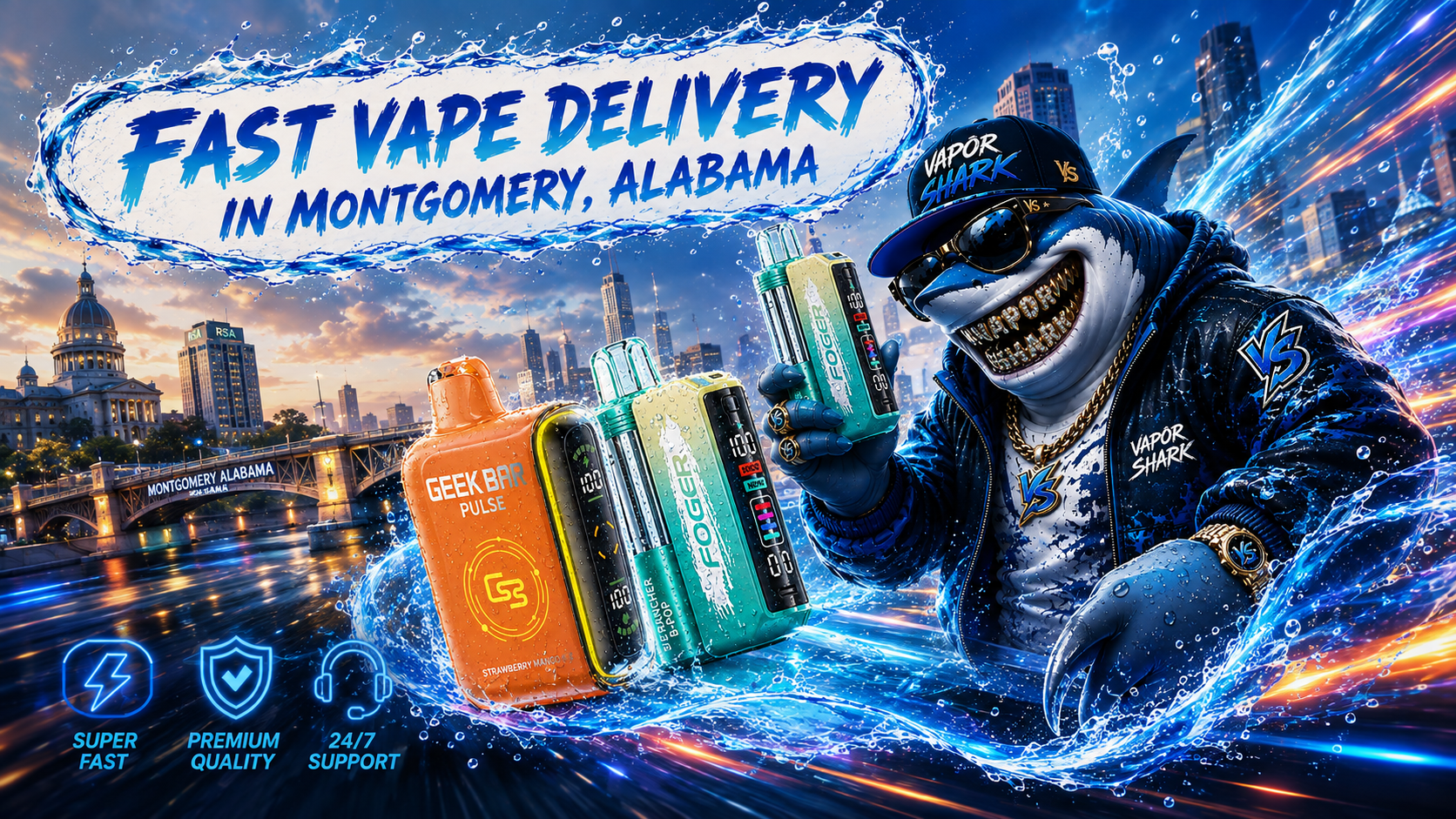 Disposable vape devices with water splashes, a futuristic city skyline, and a shark mascot promoting fast delivery.
