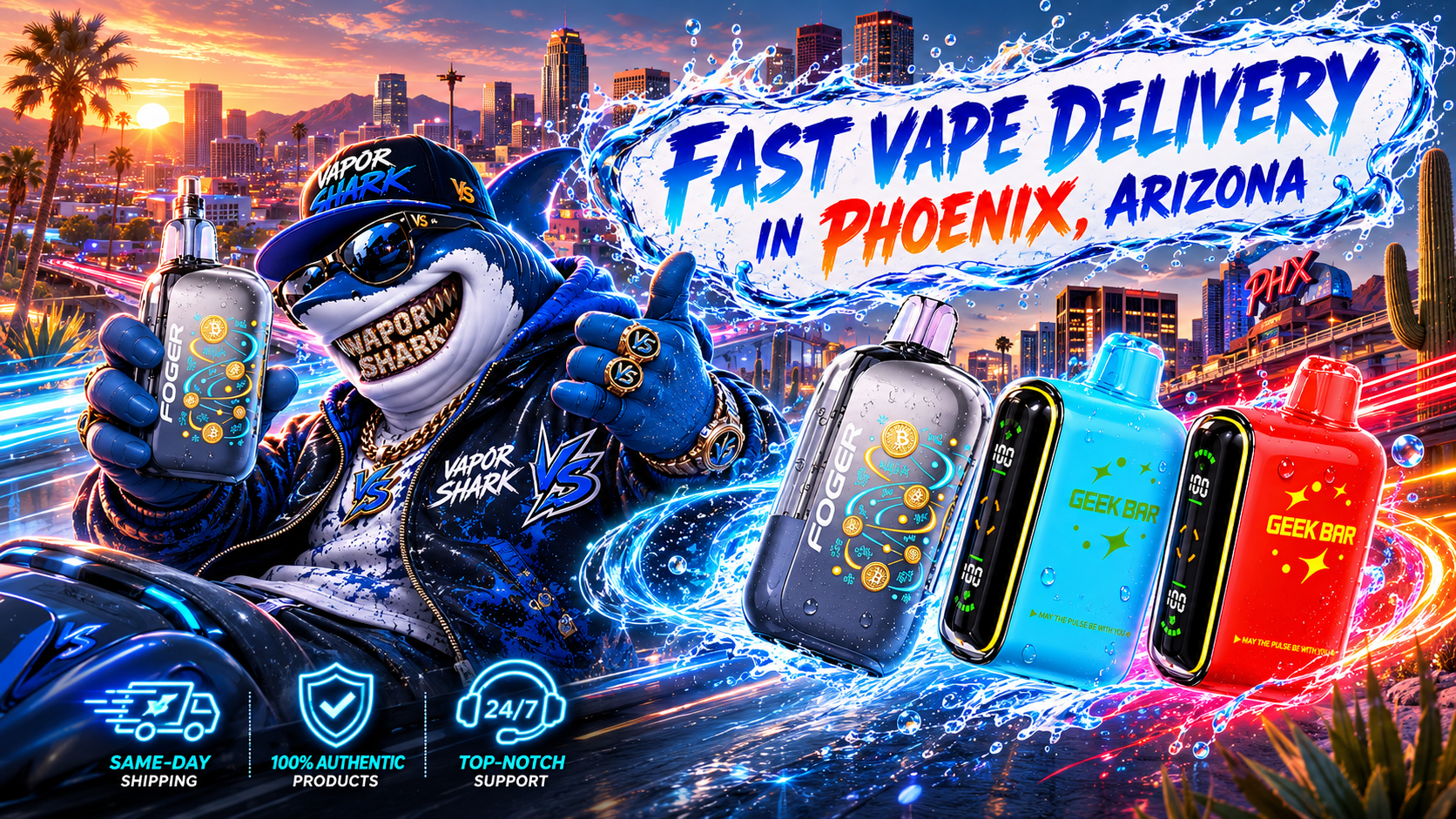 Gray, blue, and red Foger and Geek Bar vape devices with dynamic energy effects beside Vapor Shark character in Phoenix city backdrop.