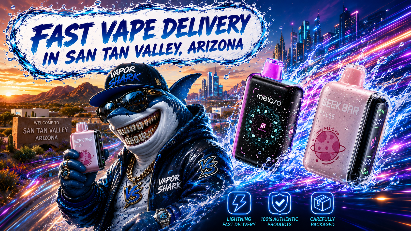 Geek Bar vape devices displayed with neon San Tan Valley city backdrop and Vapor Shark mascot.