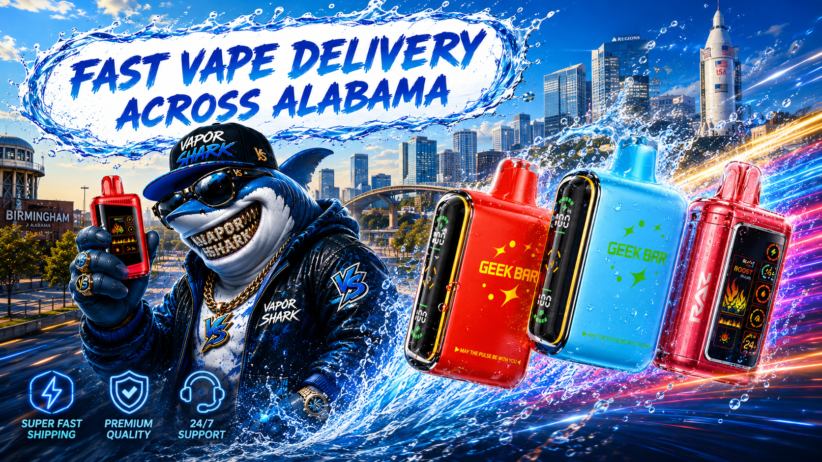 A dynamic promotional banner features Geek Bar and RAZ disposable vapes racing through powerful water splashes with colorful energy trails across the Birmingham, Alabama skyline. The Vapor Shark mascot proudly displays a disposable vape while highlighting fast vape delivery, premium quality, and reliable customer support. Bright futuristic effects, authentic products, and bold city scenery emphasize fast vape delivery across Alabama with a wide selection of popular vape brands.