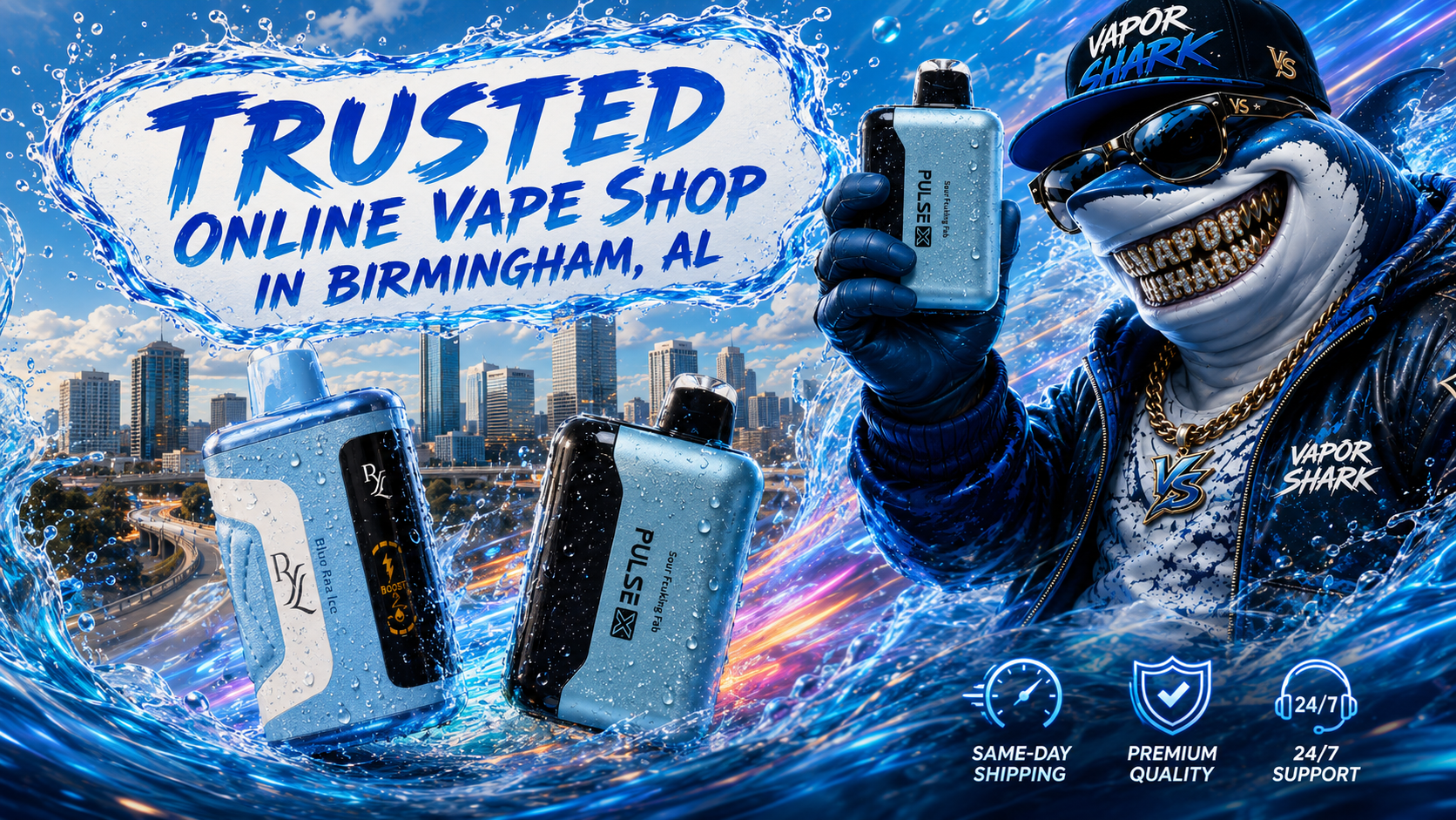 Geek Bar Pulse X disposable vapes showcased in a Birmingham, AL online vape shop promotional banner.