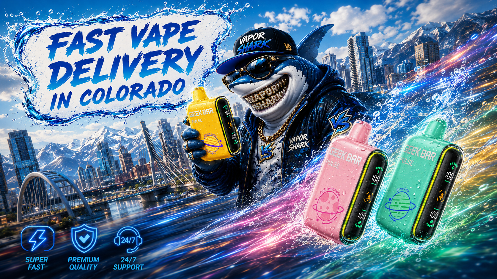 A dynamic promotional banner features Geek Bar Pulse disposable vapes racing through powerful waves with colorful energy trails, while a stylish shark mascot wearing Vapor Shark apparel proudly displays a yellow Geek Bar Pulse device in front of a futuristic Colorado city skyline and snow-covered mountains. The image highlights the message 