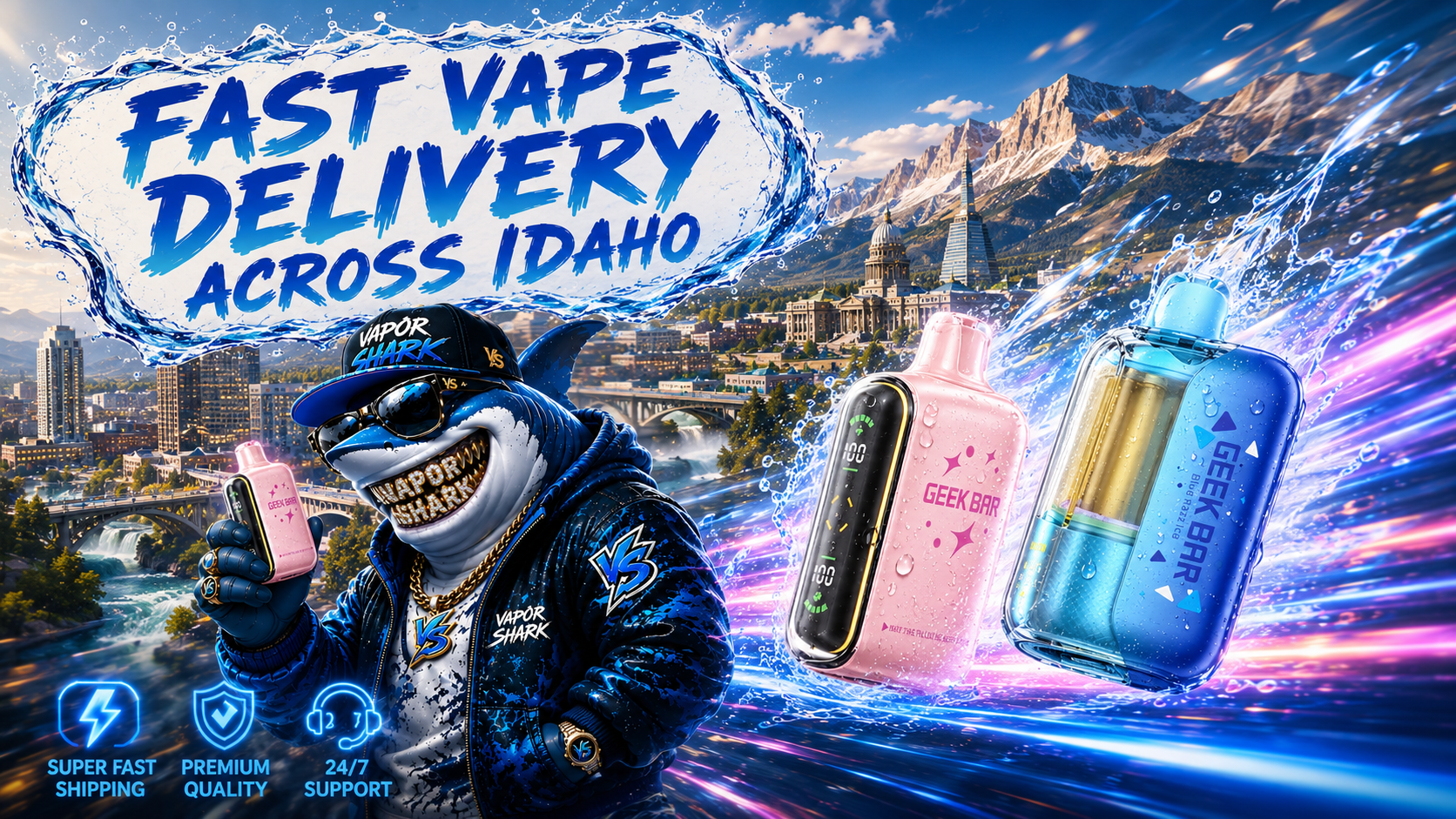 A stylish shark mascot wearing Vapor Shark apparel holds a Geek Bar disposable vape while standing in front of a scenic Idaho-inspired cityscape with mountains, waterfalls, and futuristic architecture. Two colorful Geek Bar devices race through the air with vibrant energy trails, water splashes, and realistic droplets, emphasizing fast vape delivery across Idaho. Bold blue lettering reading 