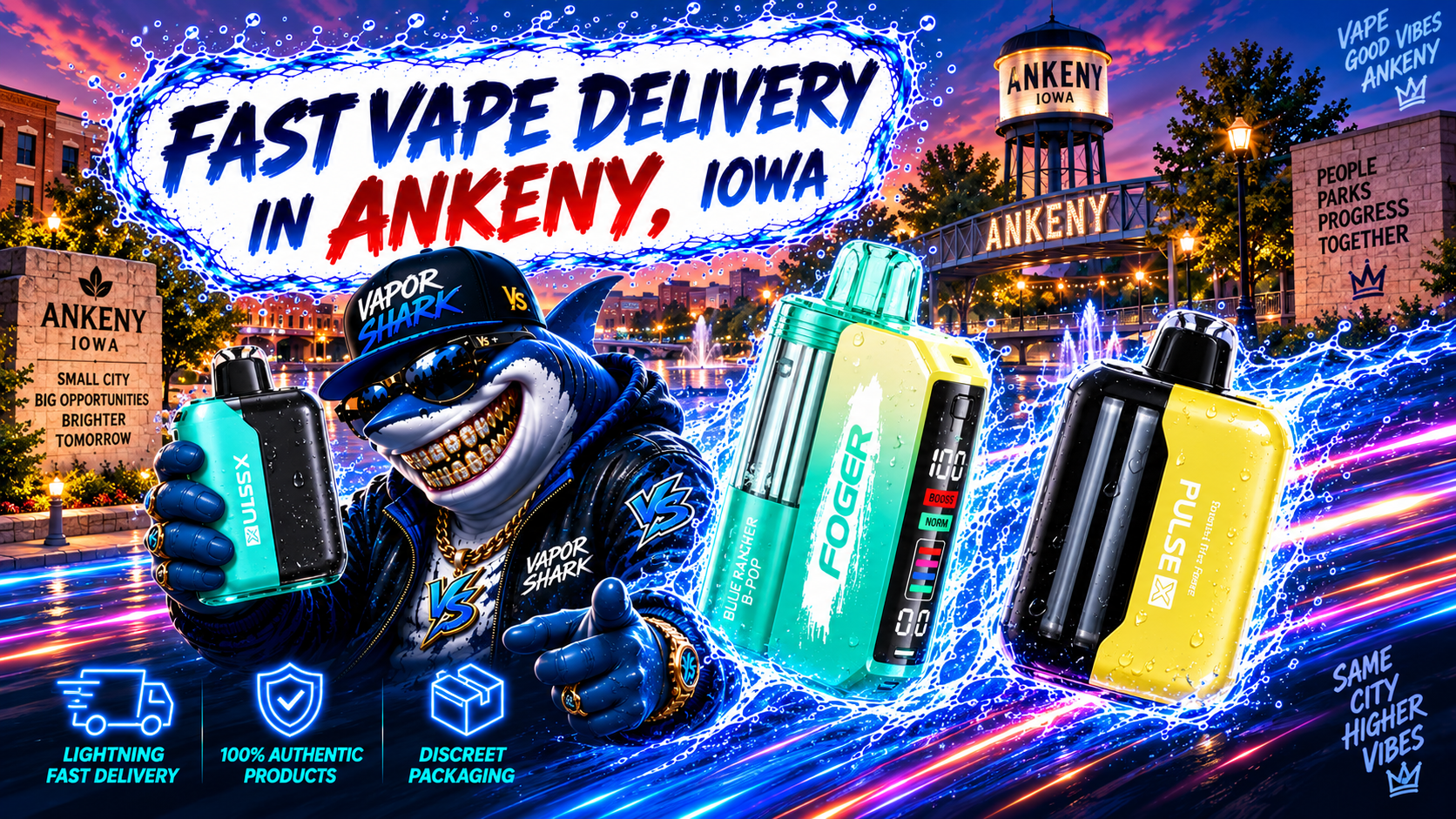 ULSSX, FOGER, and Pulse vape devices with sleek colorful design and dynamic splash effects