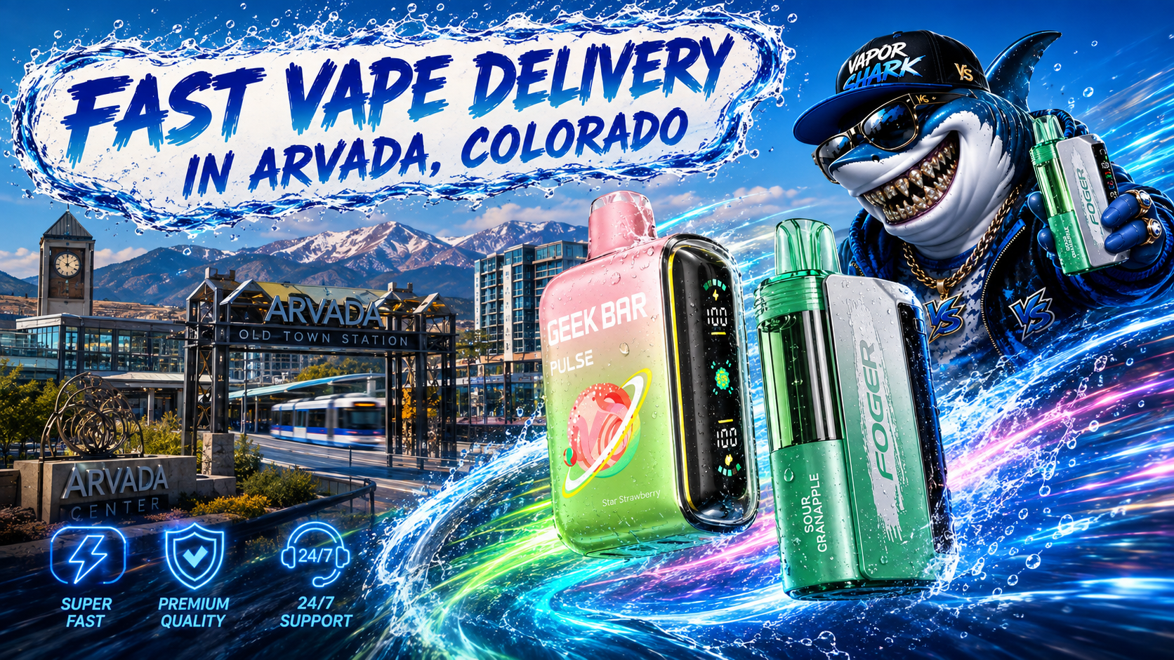 Geek Bar Pulse Star Strawberry and Foger Sour Granapple vape devices with Vapor Shark mascot in Arvada backdrop