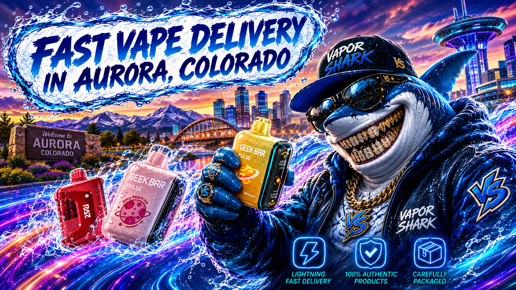 Geek Bar Pulse Juicy Peach Ice and Raz vape devices displayed with Aurora city backdrop and Vapor Shark mascot.