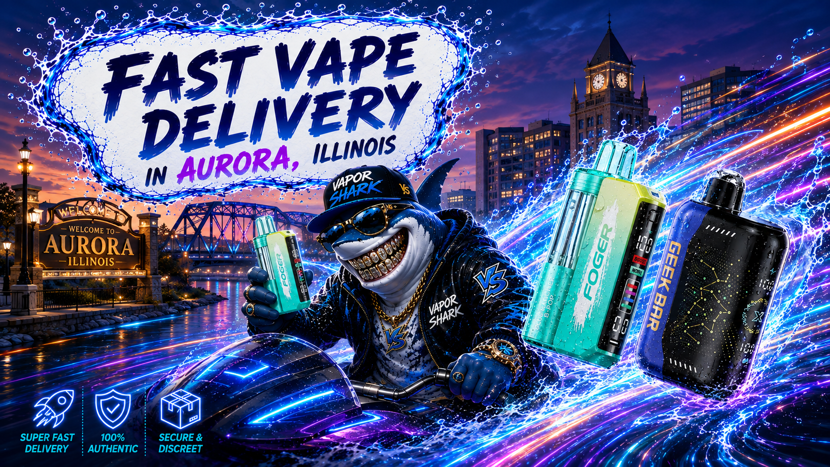 FOGER and GEEK BAR vape devices with neon splash effects against Aurora Illinois city backdrop featuring Vapor Shark branding