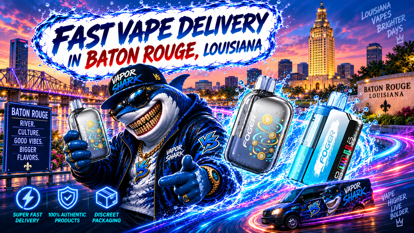 FOGER vape device with Vapor Shark branding, featured in Baton Rouge Louisiana promotion.