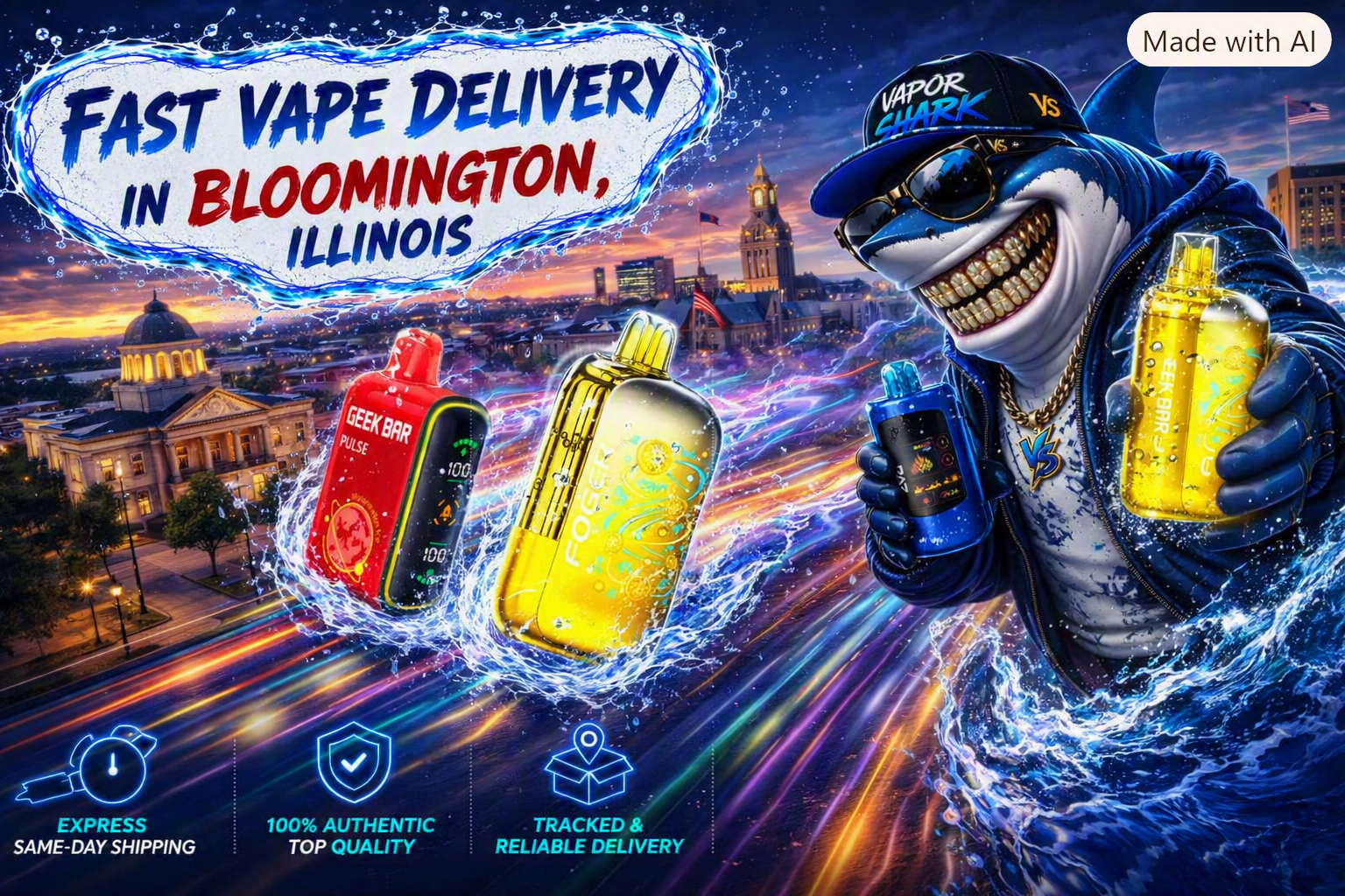 Blue Geek Bar and yellow Foger vape devices displayed with Bloomington city backdrop