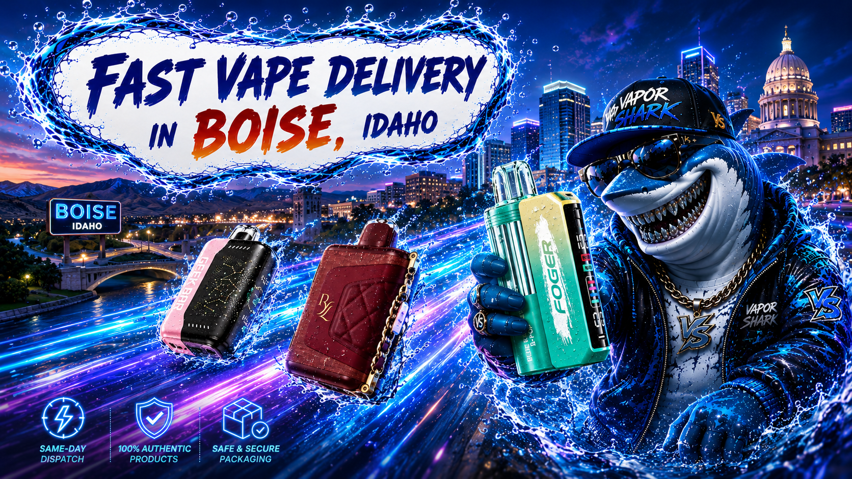 Boise vape delivery scene featuring colorful devices with water effects, a shark mascot, and a vibrant city backdrop.