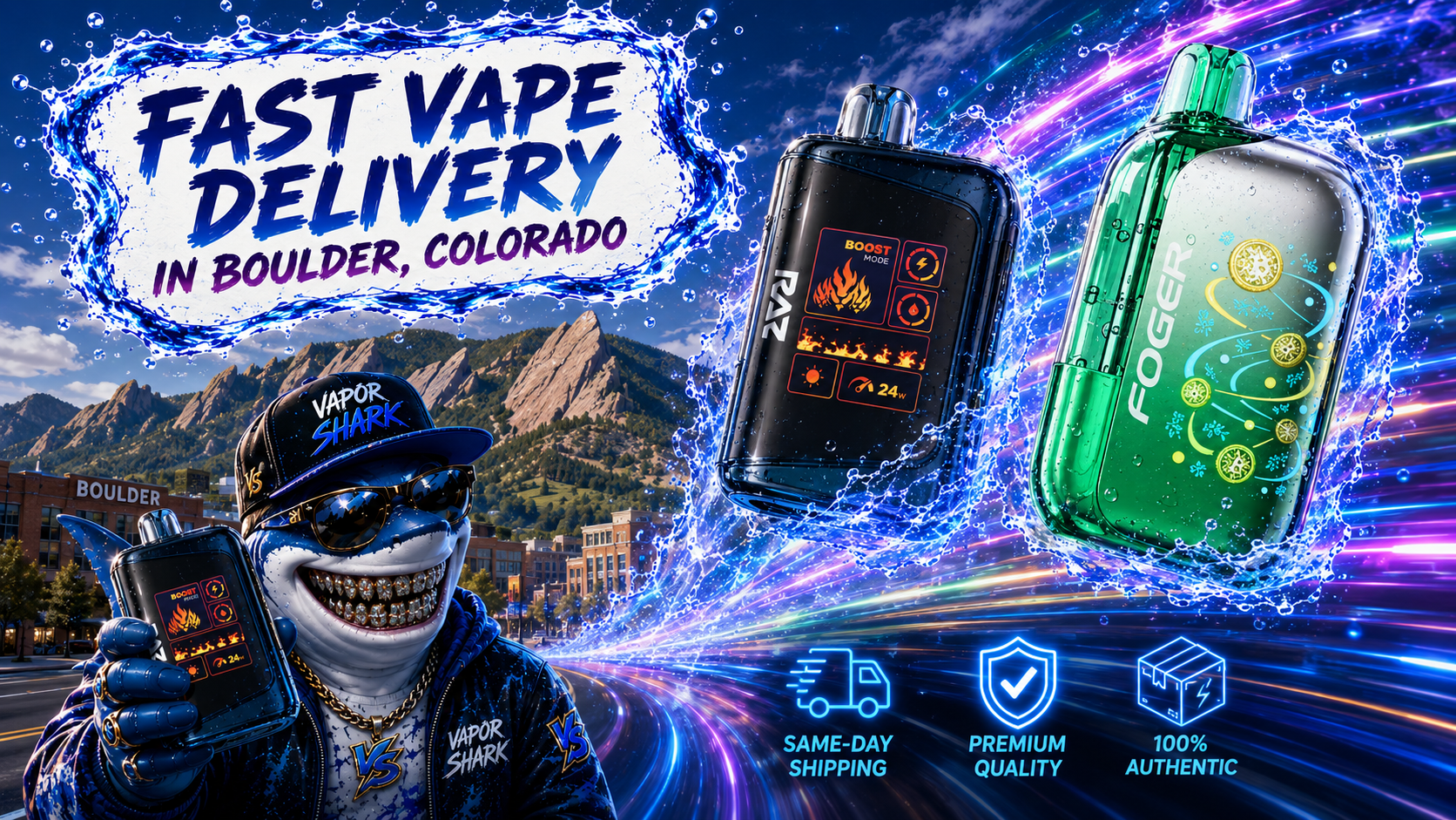 RAZ vape with 24W power display and Foger device featuring blue-green swirl design shown together.