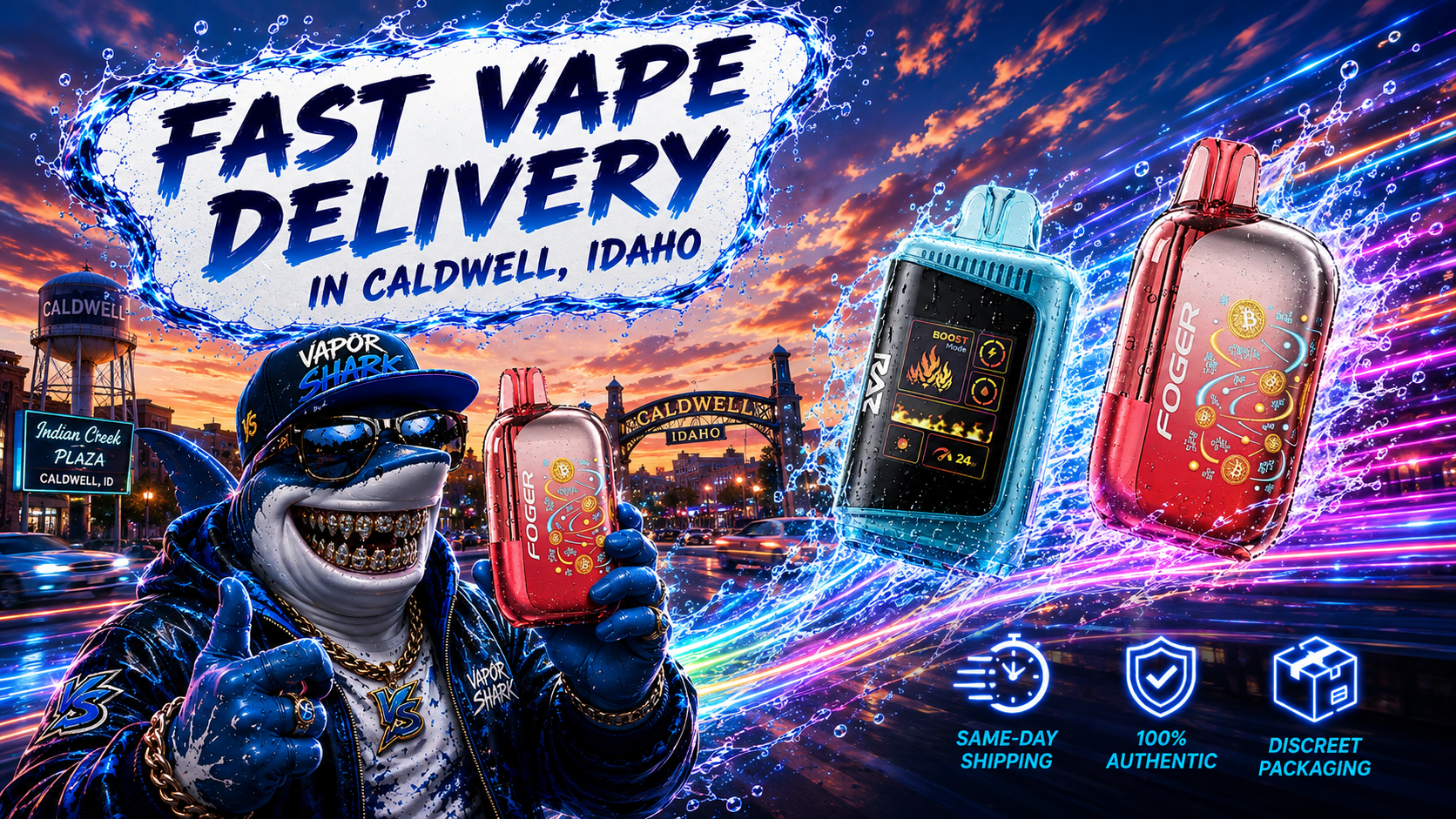 FOGER red and blue vape devices with dynamic water splash effects alongside vibrant Caldwell city sunset backdrop.