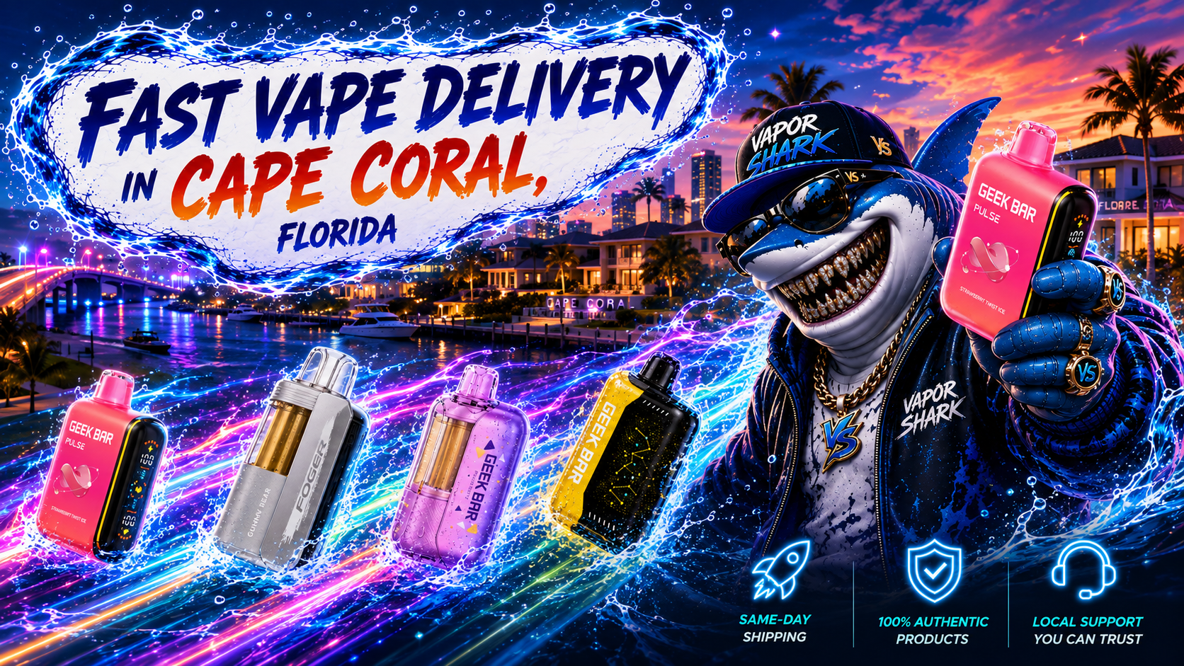GEEK BAR PULSE pink vape device with silver, purple, and yellow models highlighted by neon splash effects in Cape Coral backdrop.