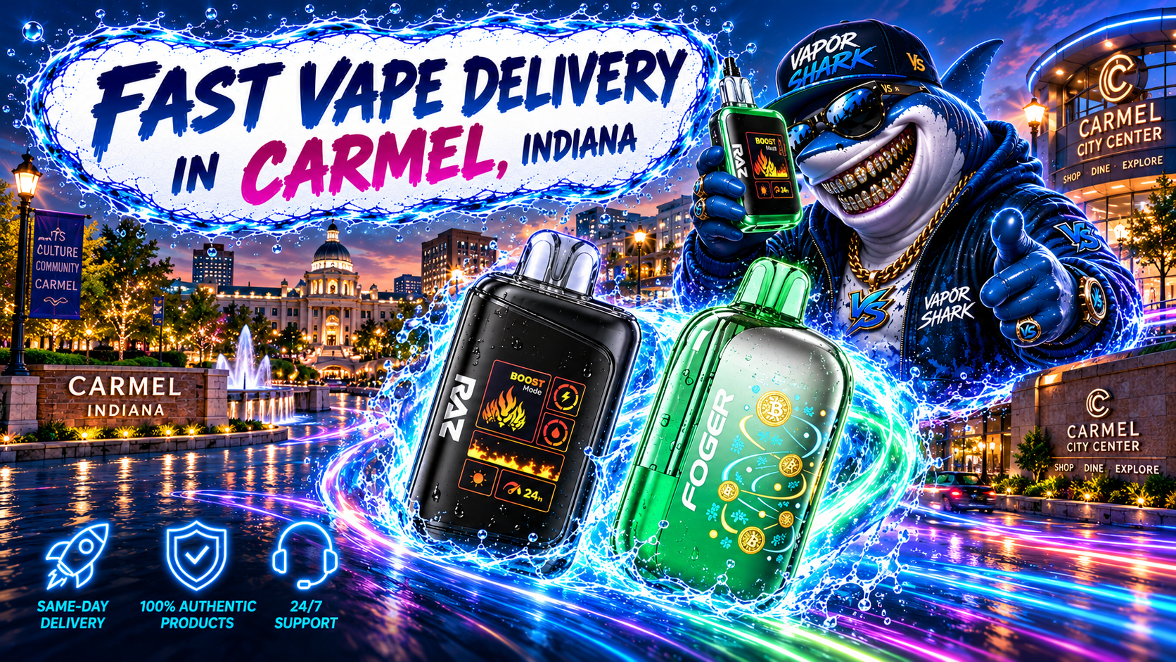 RAZ and FOGER vape devices with bold design and dynamic water splash effects