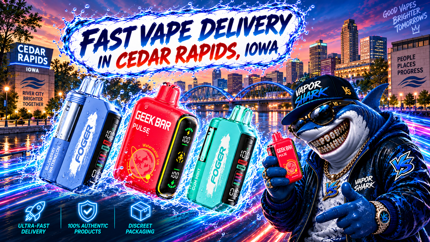 FOGER Blueberry Watermelon, Geek Bar Pulse Watermelon Ice, and FOGER Gum Mint vape devices with sleek colorful design and splash effects