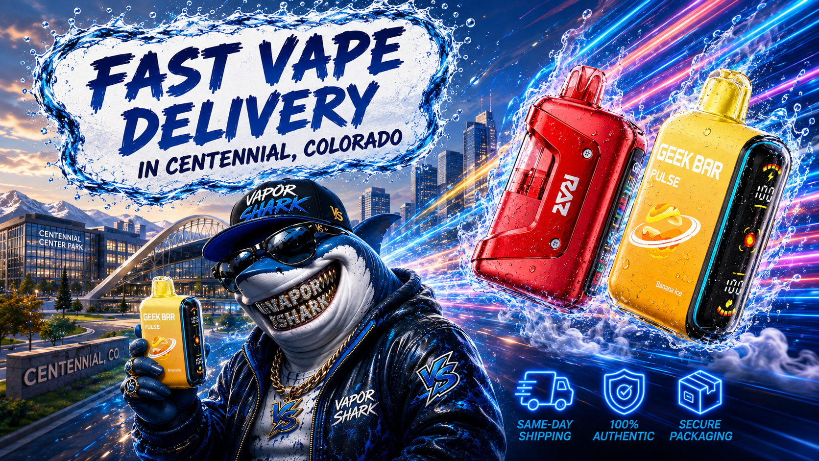 Yellow Geek Bar Pulse Banana Ice vape device shown with red RAZ and Vapor Shark mascot.