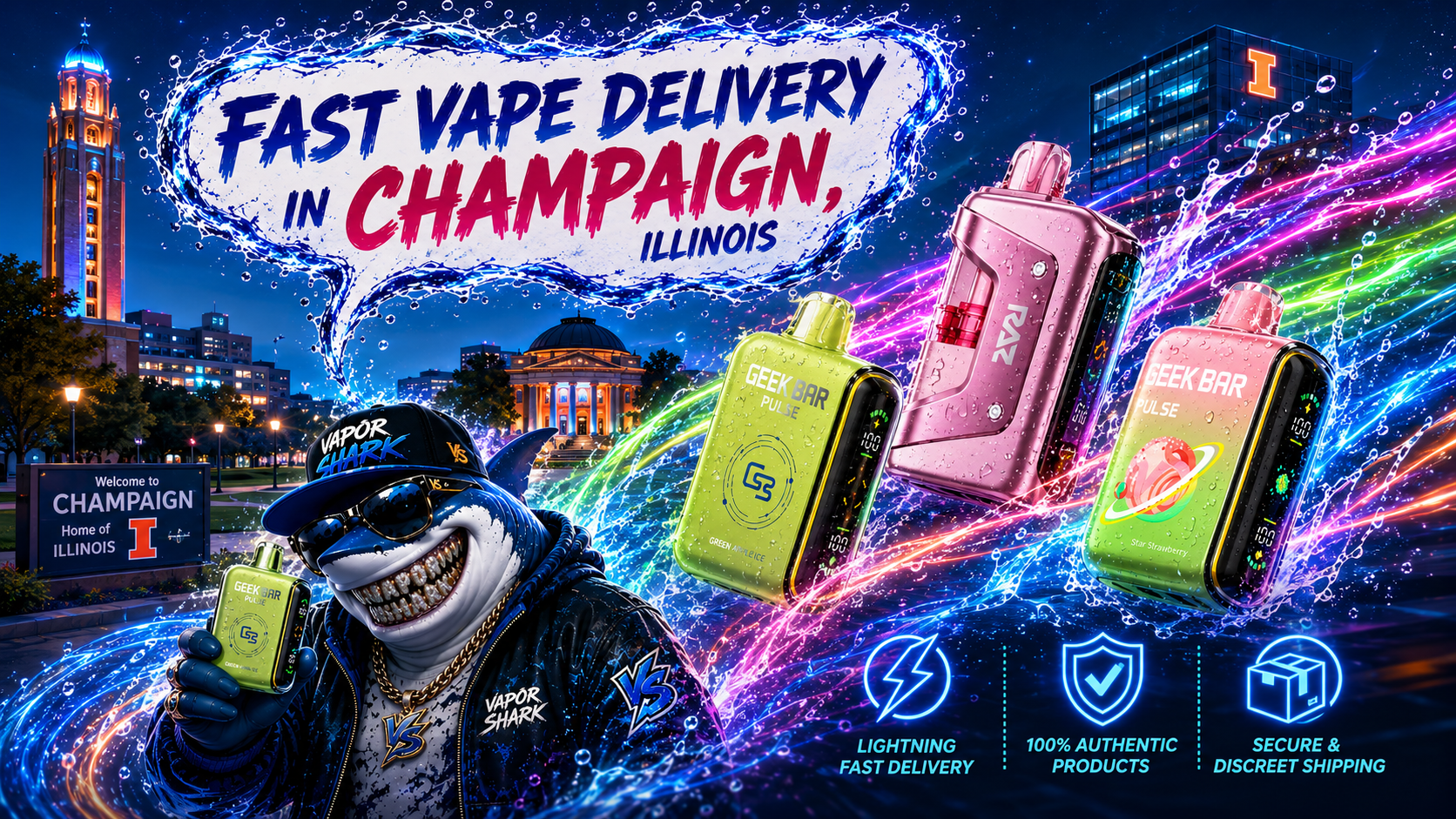 Green Geek Bar Pulse vape device with digital screen, shown in Champaign city neon backdrop