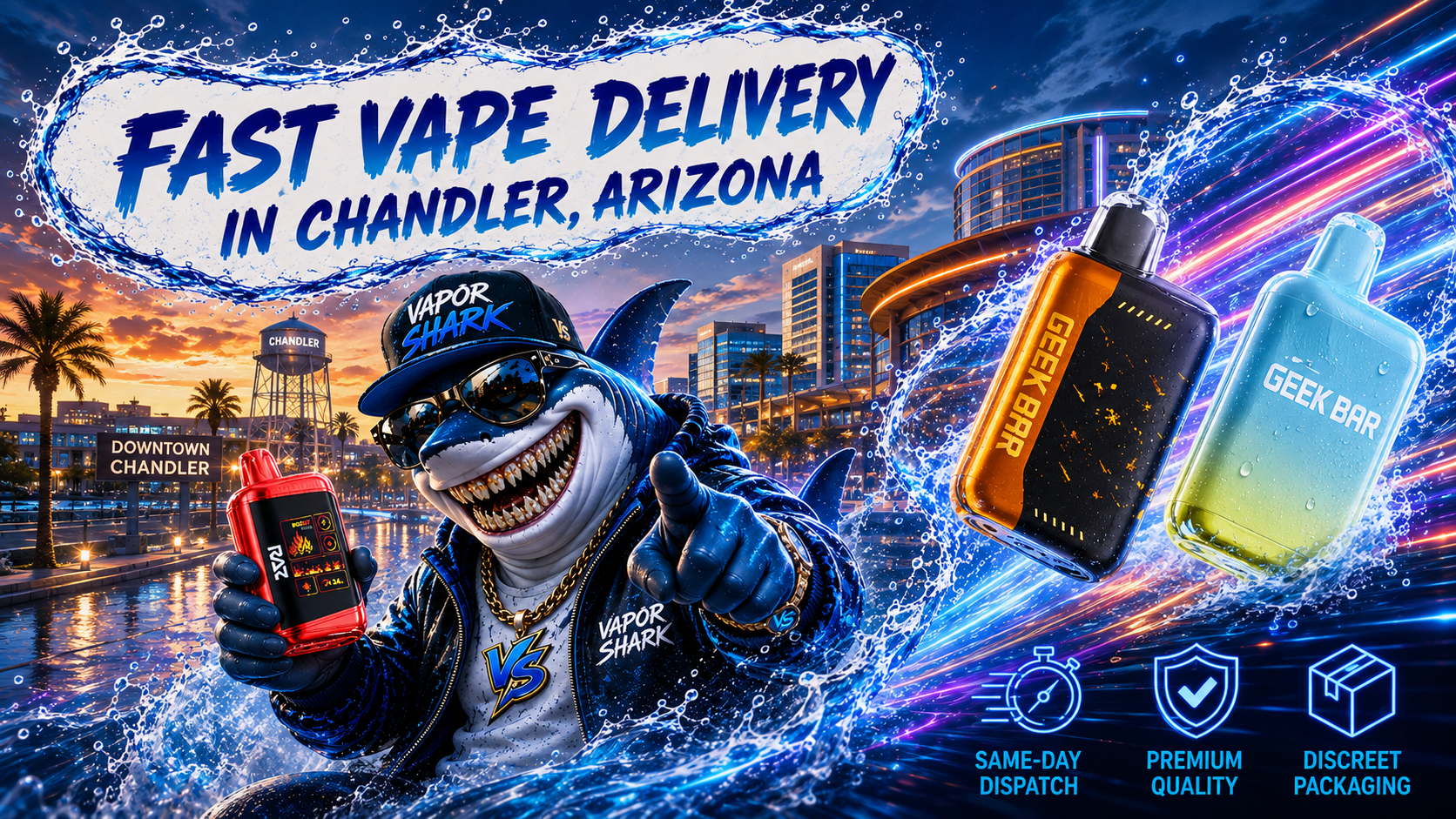Red Raz and silver Geek Bar vape devices with glowing energy effects beside Vapor Shark character over Chandler city backdrop.