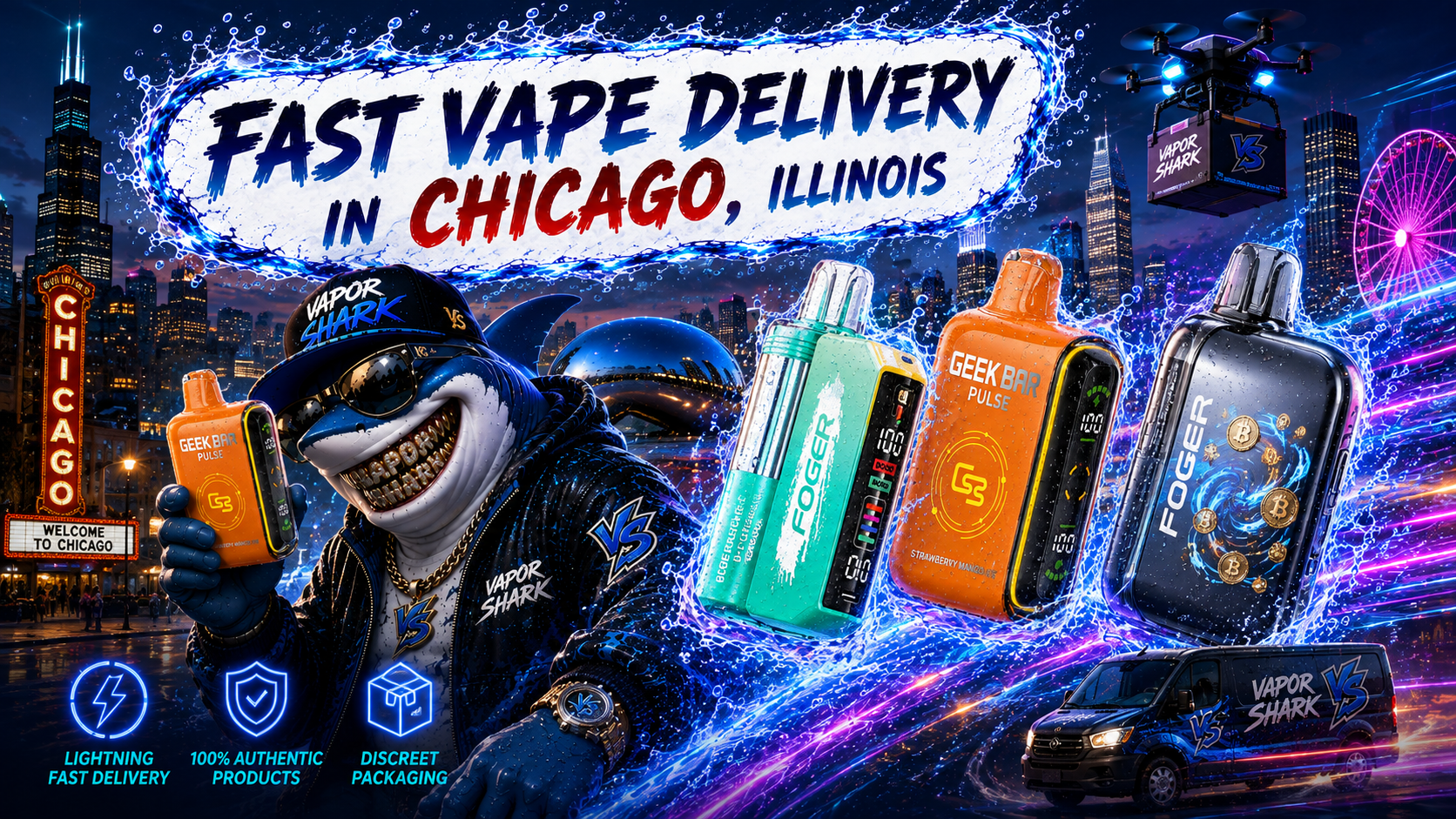 Geek Bar Pulse orange vape and FOGER devices with neon splash effects against Chicago skyline backdrop