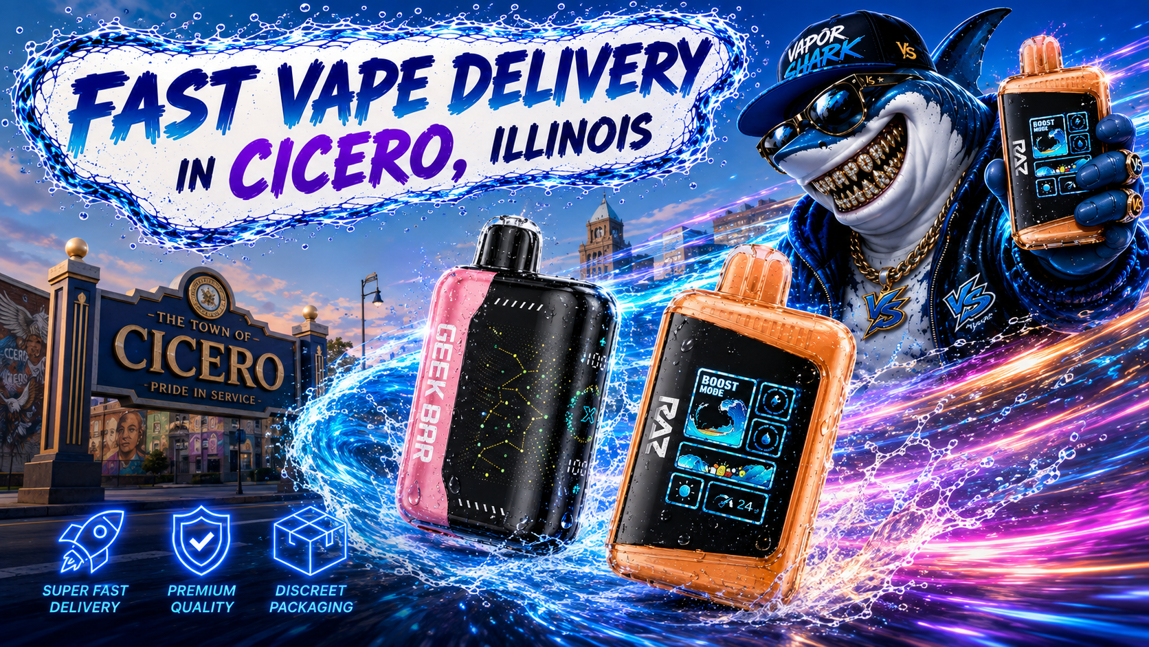 Geek Bar and RAZ vape devices displayed with Cicero city backdrop