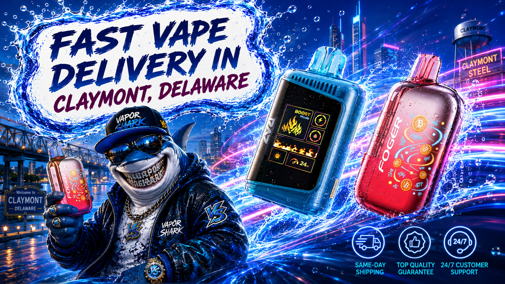FOGER red vape device with blue and red models featuring dynamic water and light effects.