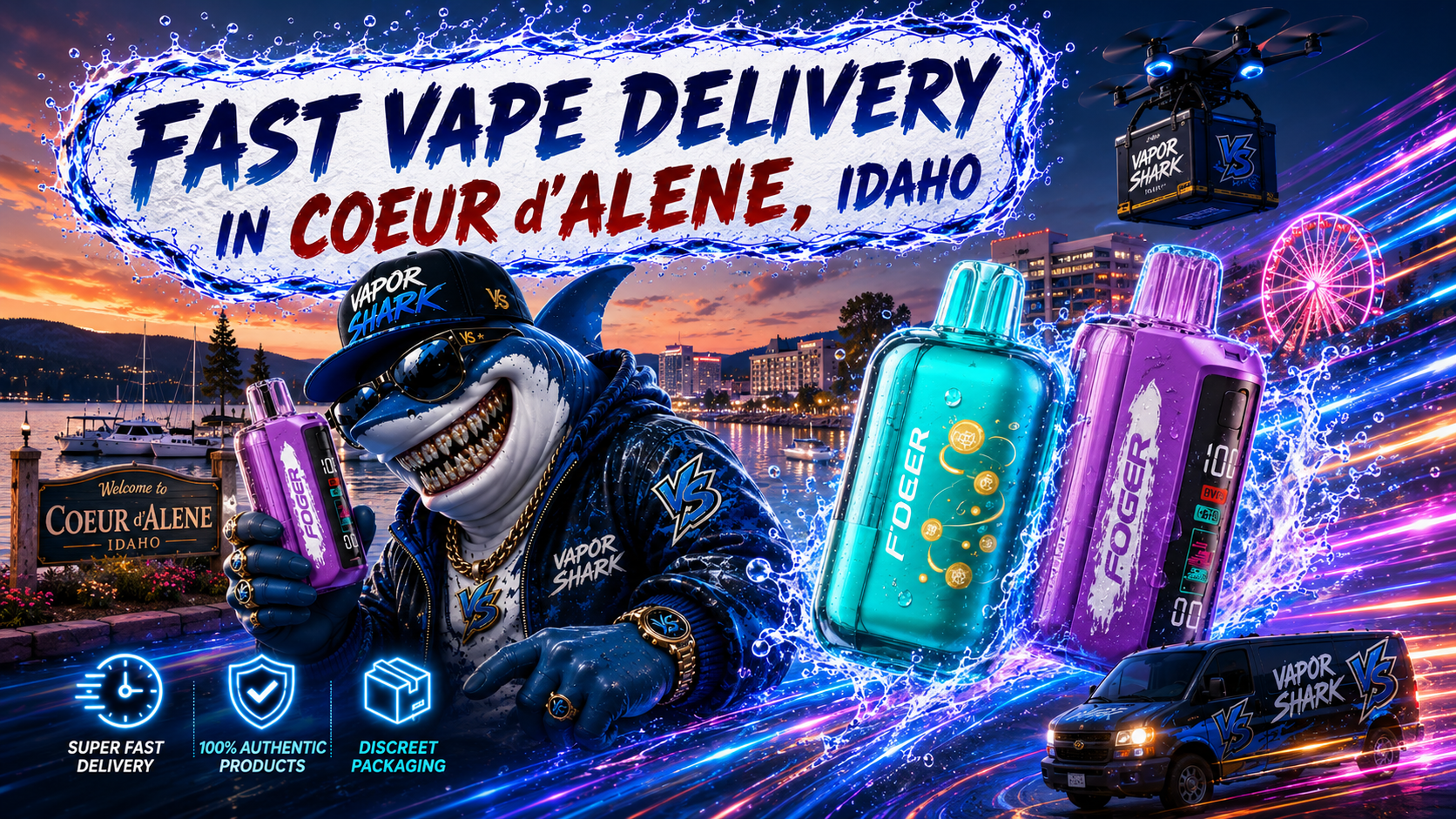 FOGER purple vape device with neon splash and Coeur d’Alene lakeside city backdrop featuring Vapor Shark branding