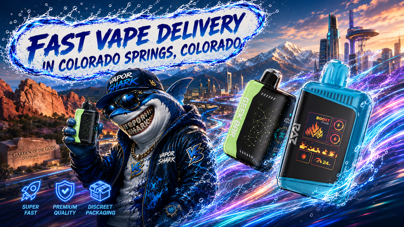 Geek Bar and Boost Mode vape devices displayed with Colorado Springs city backdrop and Vapor Shark mascot.