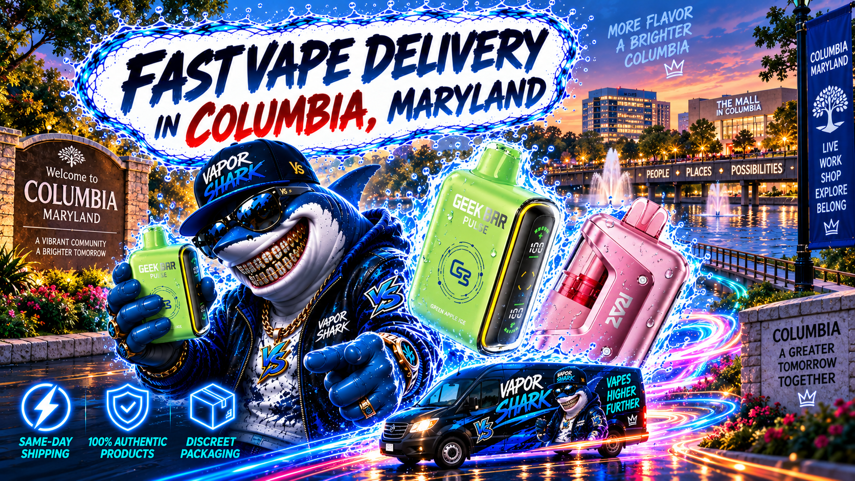 Geek Bar Pulse green and RAZ pink vape devices showcased with bold Vapor Shark branding and vibrant Columbia city backdrop.