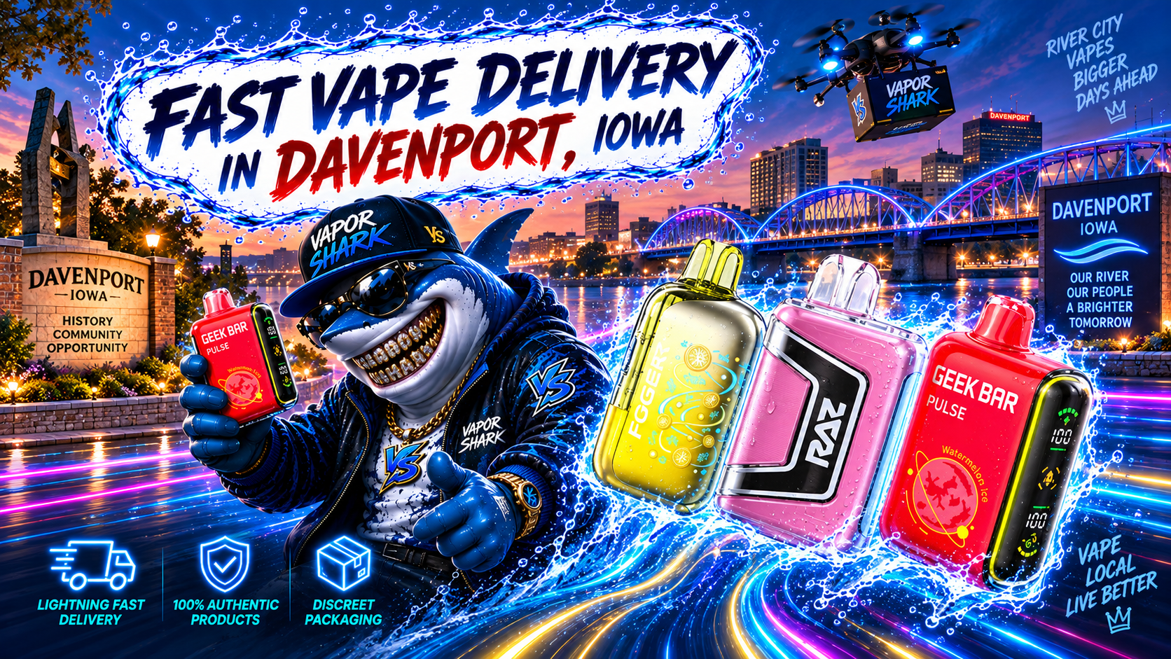 FOGER, RAZ, and Geek Bar Pulse vape devices with sleek colorful design and dynamic splash effects