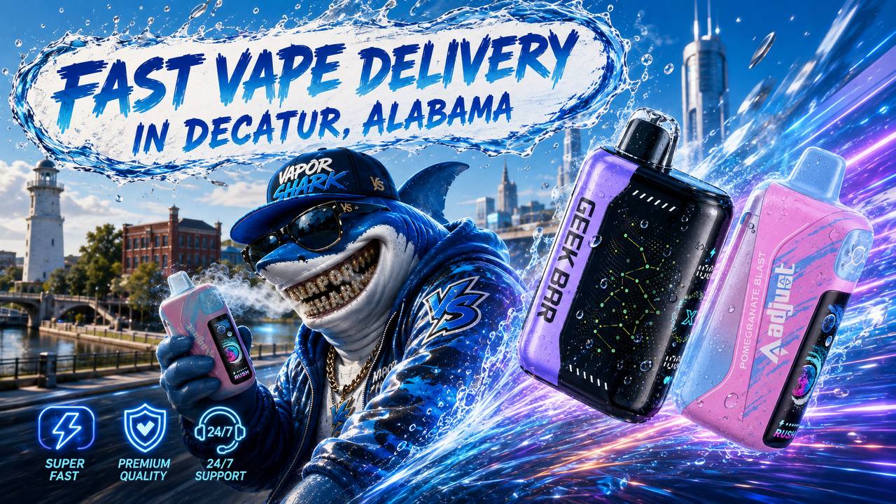 Two colorful disposable vape devices with digital displays, water droplets, and bright blue and purple effects.
