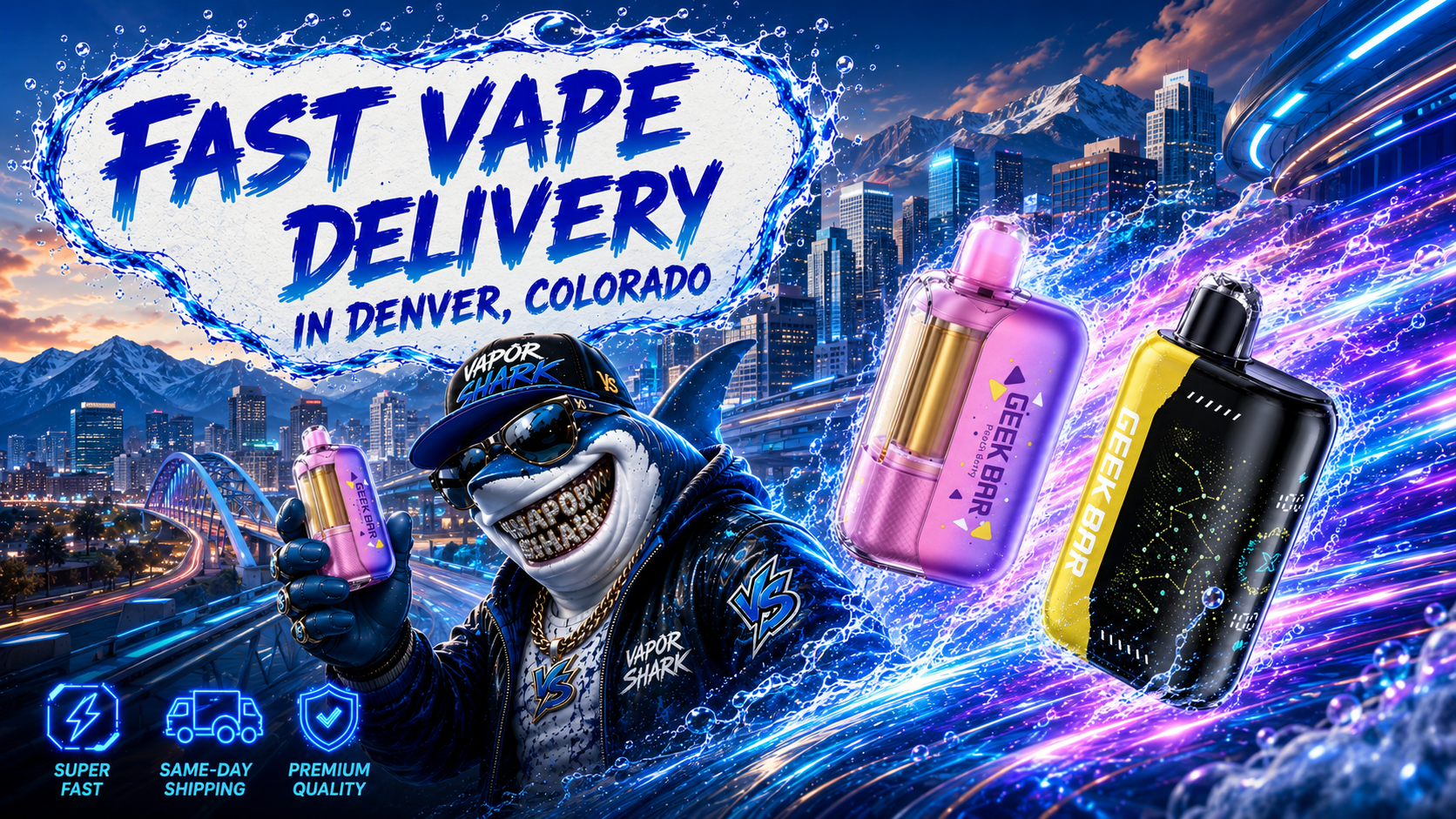 Geek Bar vape devices displayed with neon Denver city backdrop and Vapor Shark mascot.