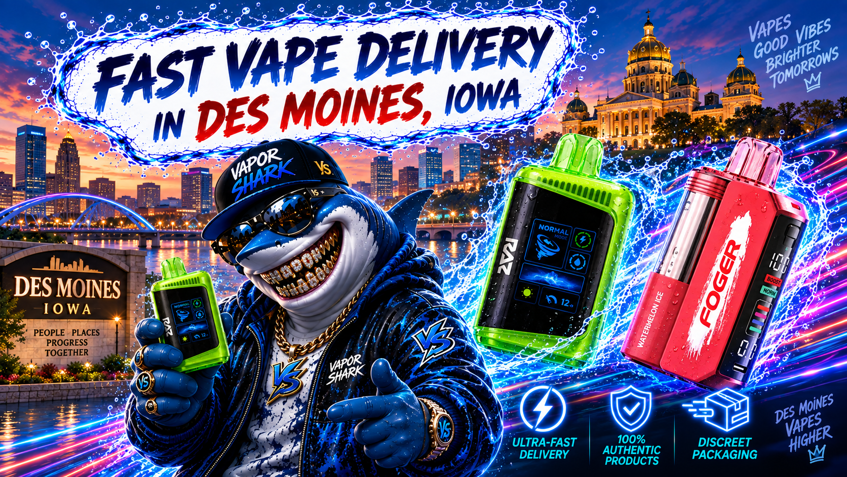 FOGER Watermelon Ice and RAZ vape devices with sleek colorful design and dynamic splash effects