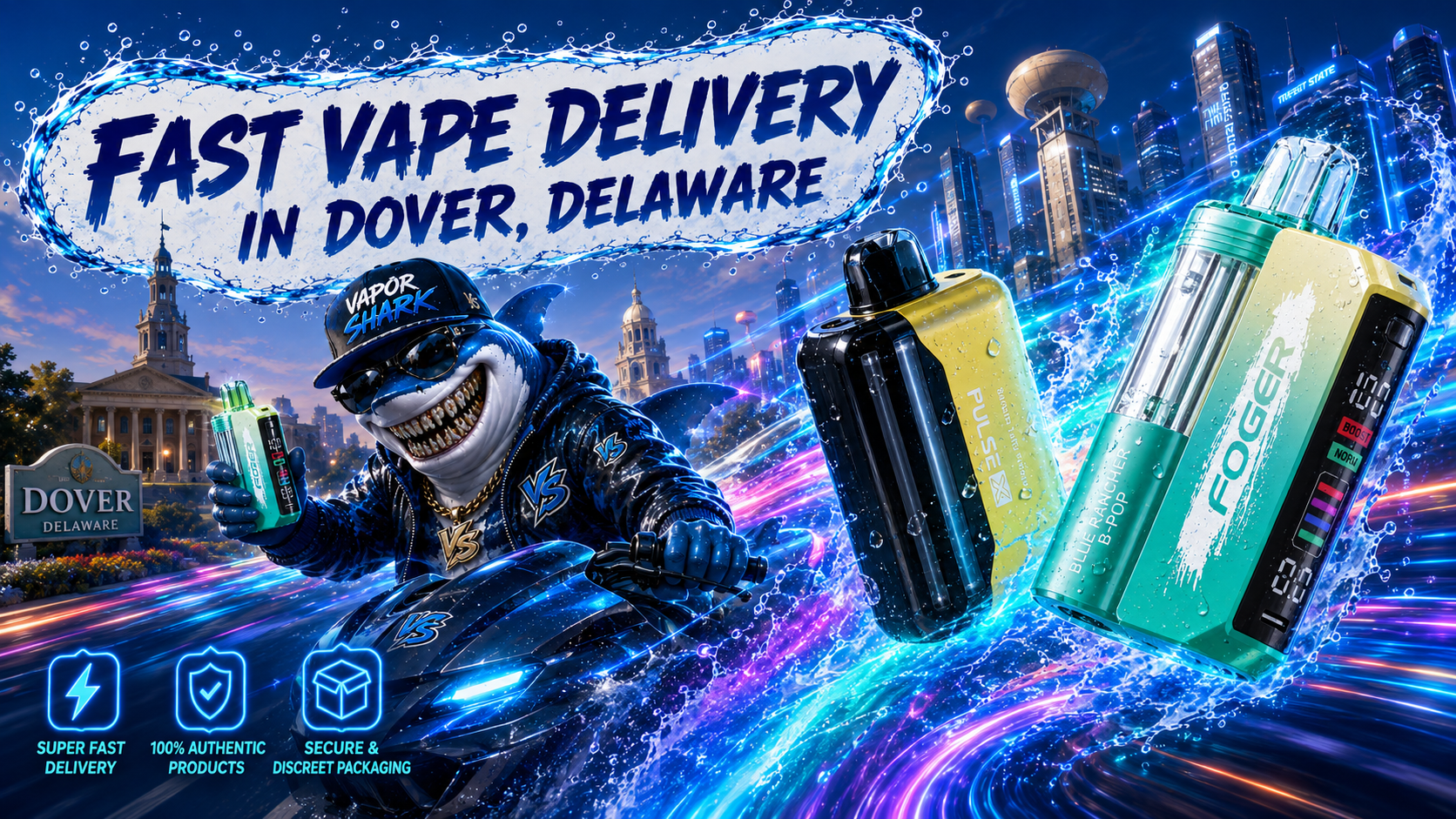 Pulse and Foger vape devices displayed with sleek modern design beside Vapor Shark mascot in Dover backdrop.