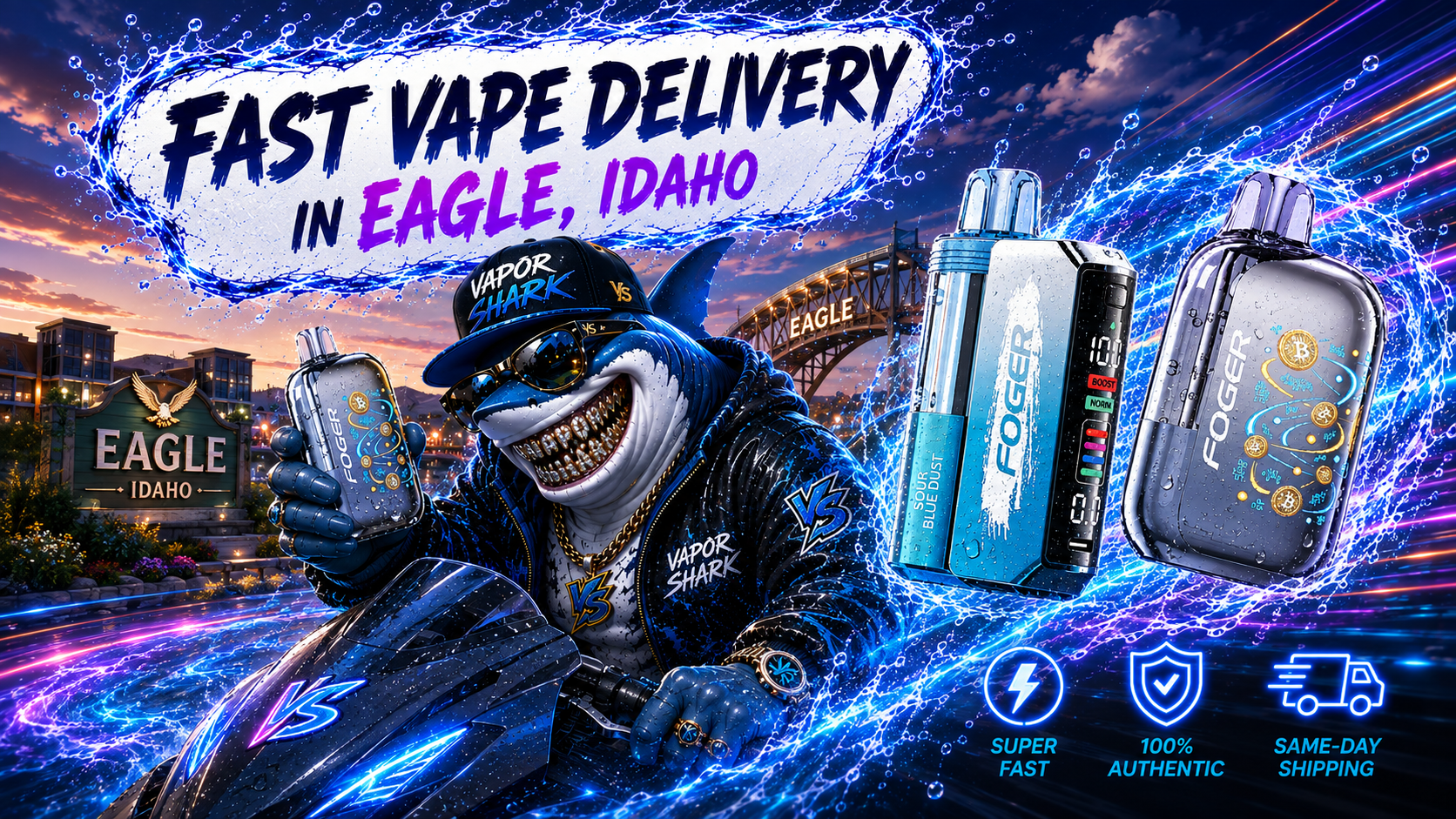 FOGER vape devices with neon splash and Eagle Idaho city backdrop highlighted by Vapor Shark branding