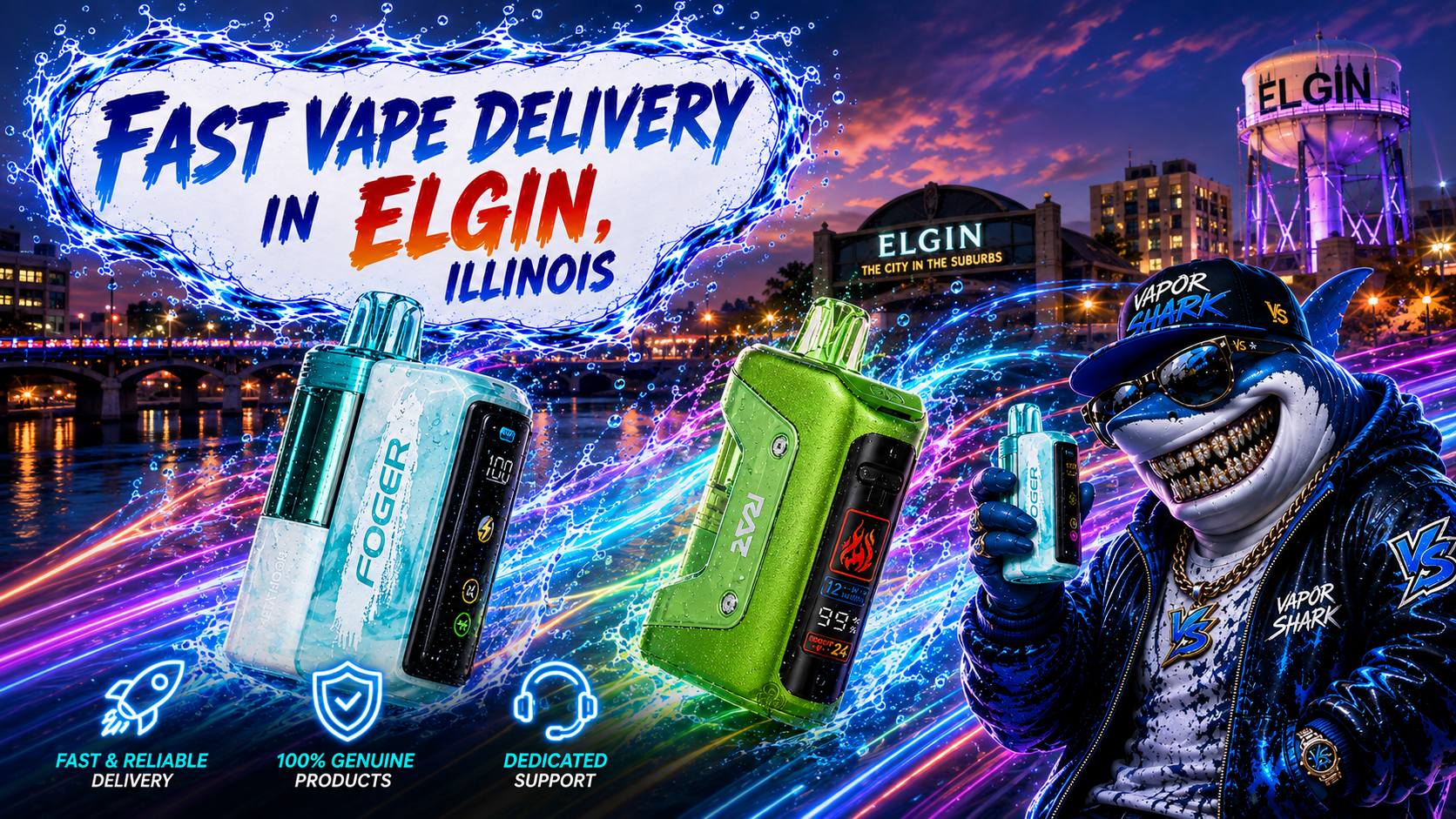 Geek Bar Pulse Sour Strawberry and Pulse X Watermelon Ice vape devices with neon glow in Elgin city backdrop.