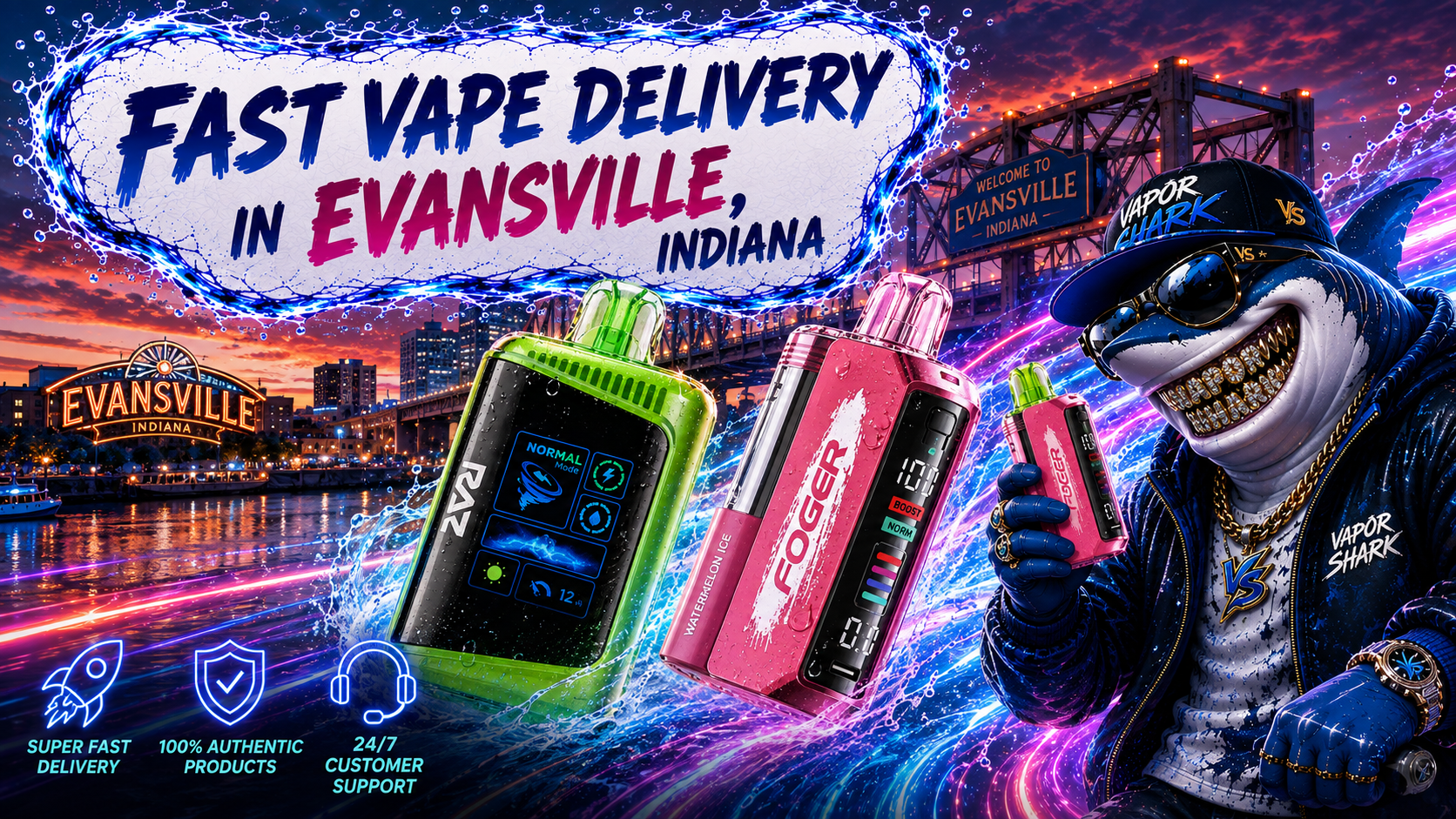 Green RAZ and pink Foger vape devices displayed with Evansville city backdrop