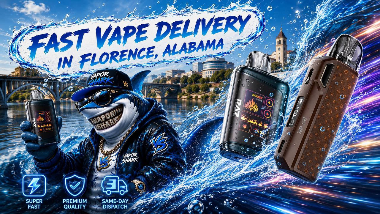 Two disposable vape devices with digital displays surrounded by dynamic water splashes and a stylized shark mascot.