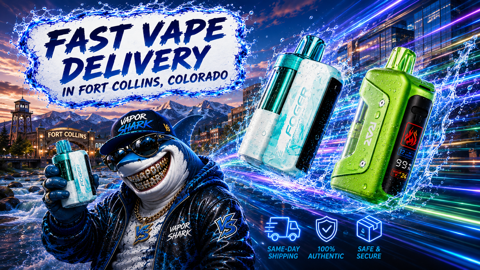 Foger and Raz vape devices displayed with Fort Collins city backdrop and Vapor Shark mascot.