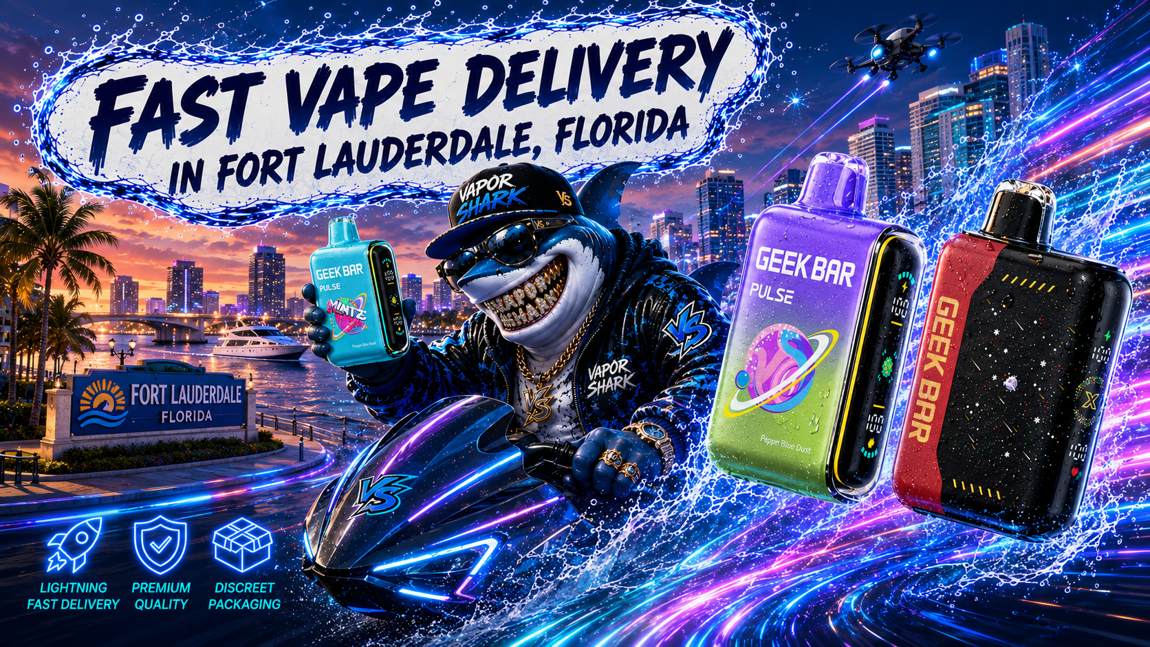 GEEK BAR PULSE Mintz turquoise vape device with GEEK BAR black and PULSE model highlighted by neon splash effects in Fort Lauderdale backdrop.