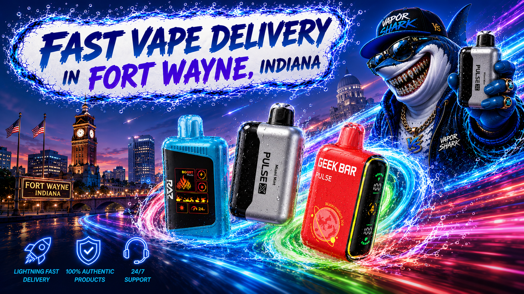 RAZ, Pulse X, and Geek Bar Pulse vape devices displayed with Fort Wayne city backdrop