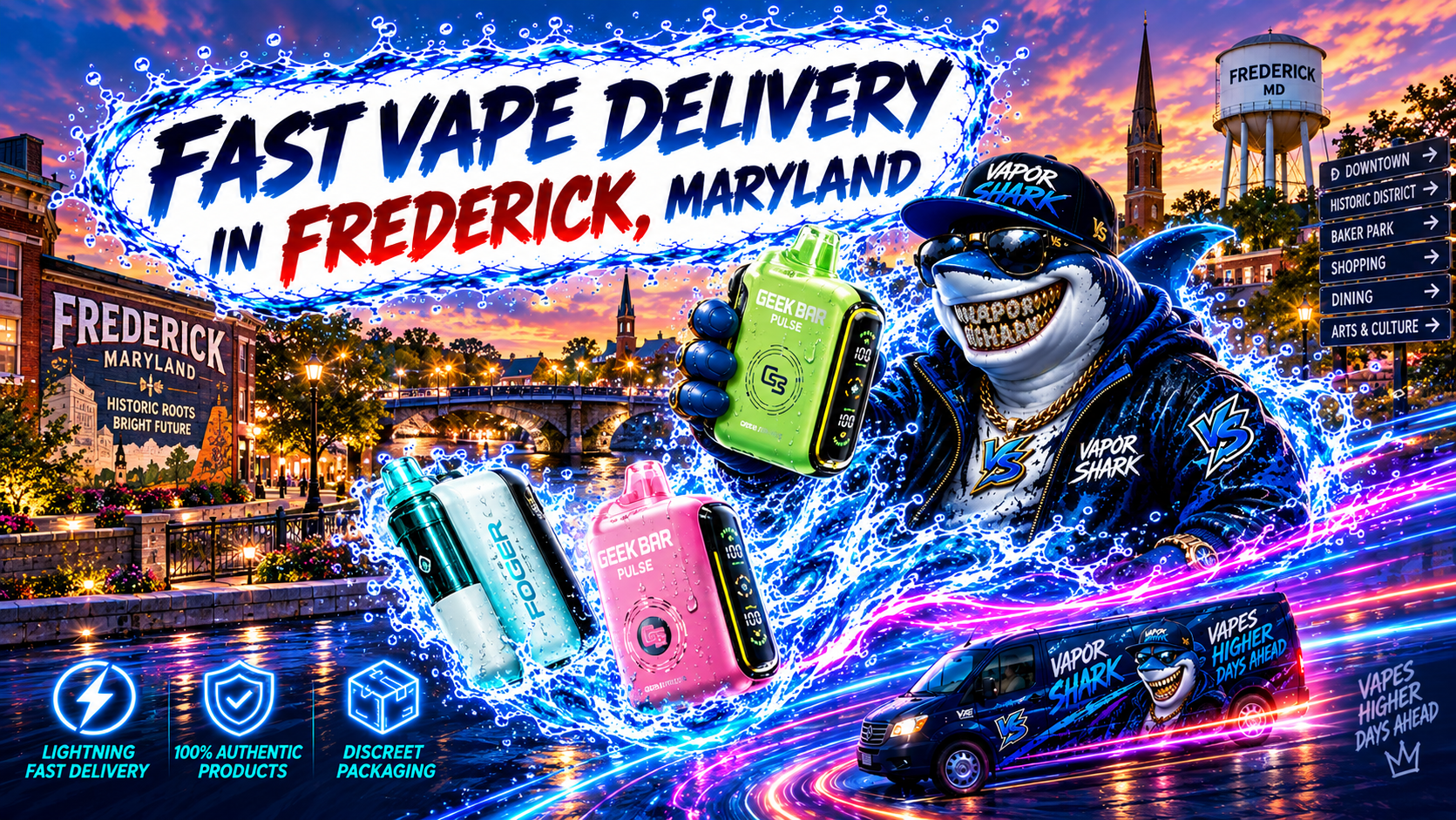 Geek Bar Pulse green and FOGER colorful vape devices with Vapor Shark branding, sleek neon water effects and Frederick city backdrop.