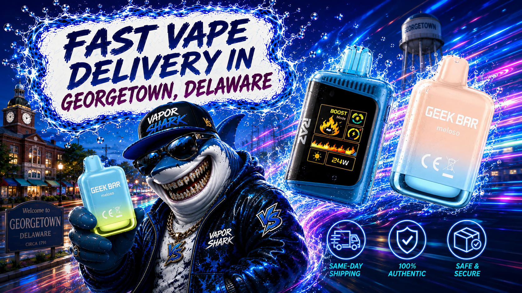 GEEK BAR meloso vape device with Boost Mode model highlighted by neon splash effects in Georgetown backdrop.
