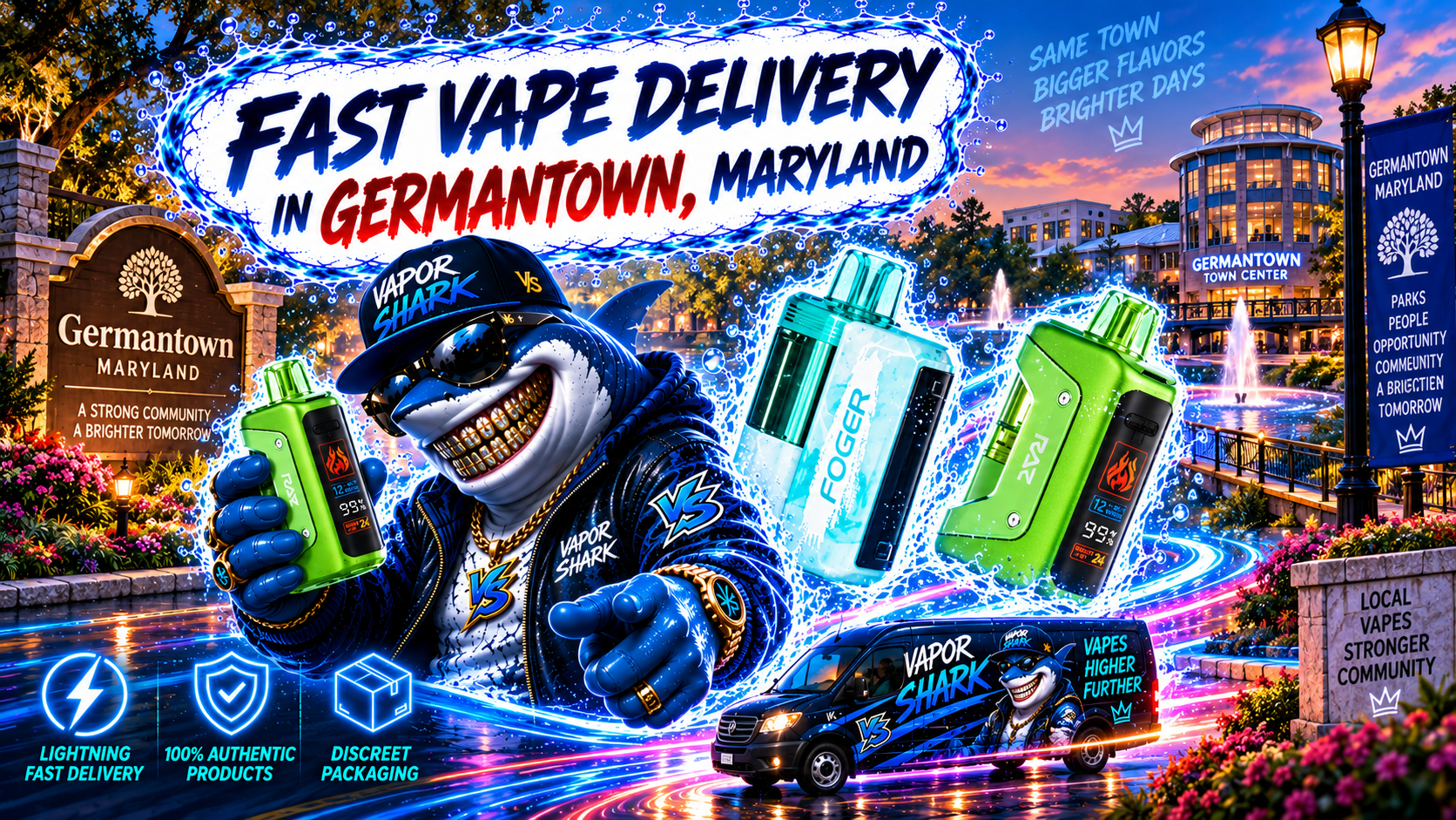 Bright green vape device with Vapor Shark branding, sleek glowing design and Germantown city backdrop emphasizing delivery service.